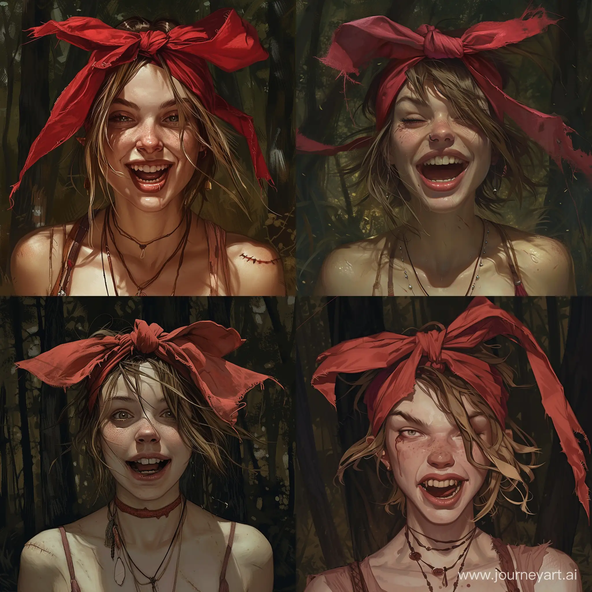 A witch with woman wiyh crazy laugh wearing a red headband tied in a bow on the top of their head. They have light brown hair that is pulled back and messy, with strands sticking out around the headband. The background is a dark forest. The person's shoulders and upper chest are visible; they appear to be wearing a tank top or similar garment with thin straps. There are some necklaces around the person’s neck, adding detail to the otherwise simple presentation
