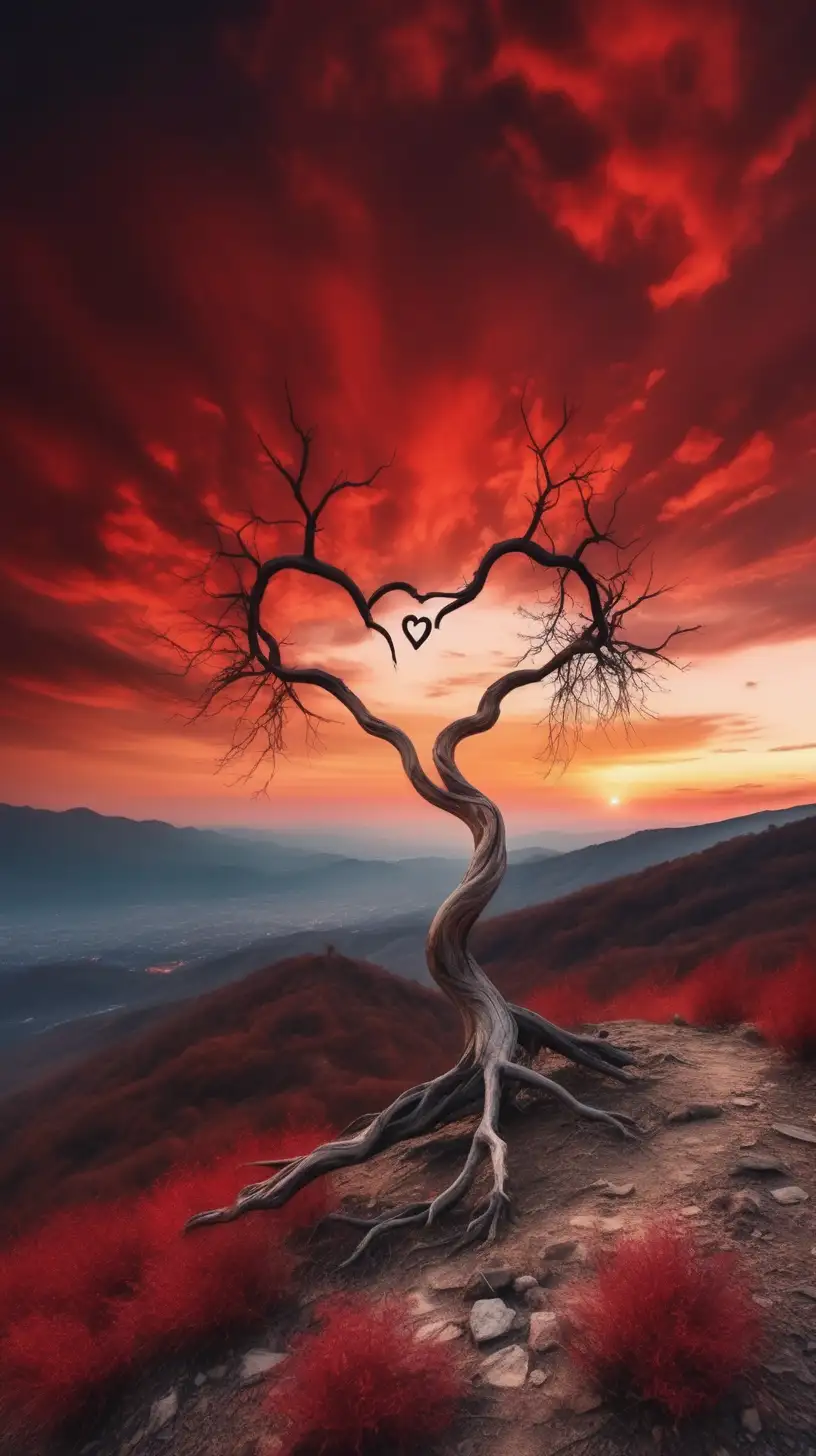 Heart Shaped Dry Tree, On Mountain Hill. Sunset View. Dark Red Clouds
