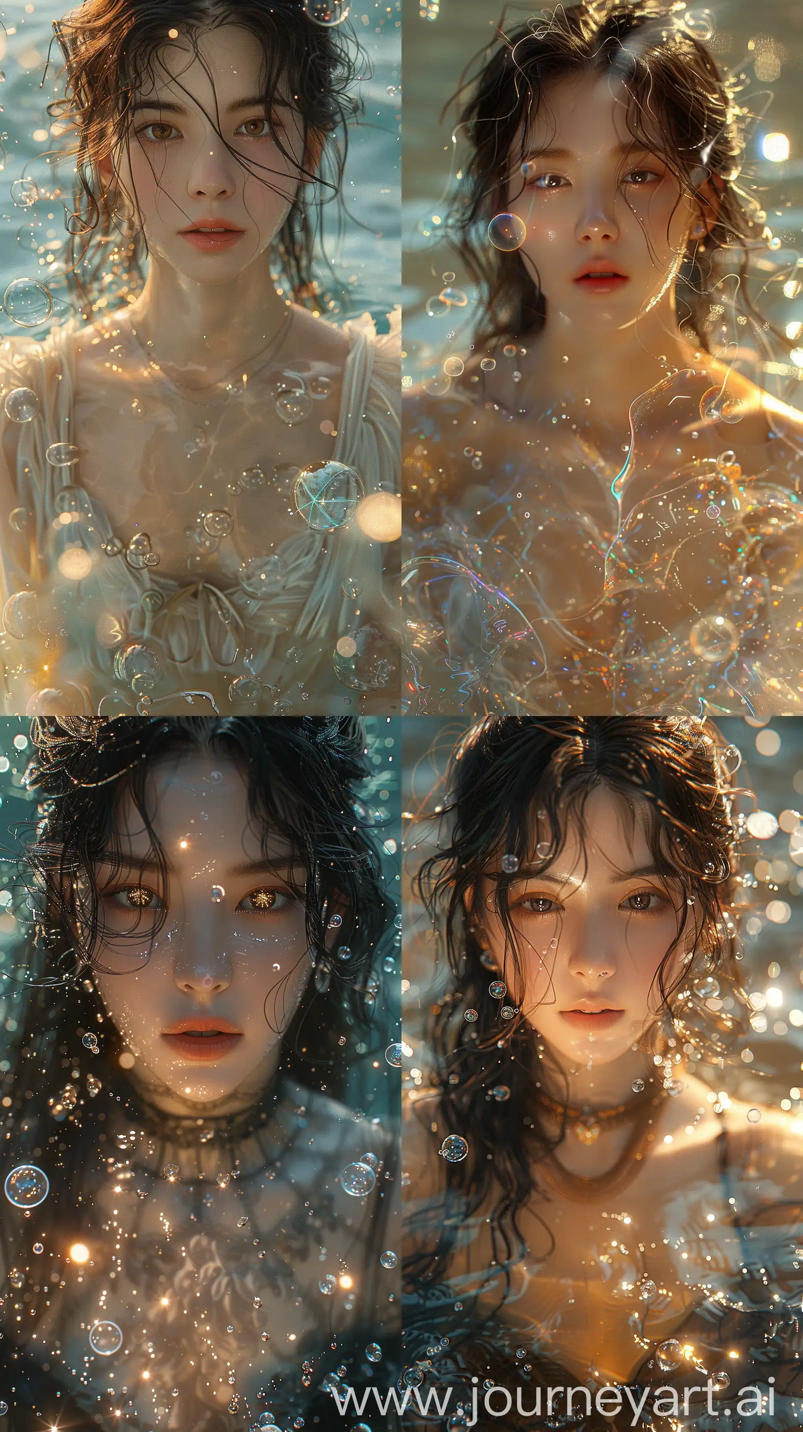 a woman blackpink's Jenny that is standing in the water, digital art, inspired by Yanjun Cheng, fantasy art, glowing bubble threads of drop, artwork in the style of guweiz, portrait of kim petras, portrait of magical girl, trending at cgstation, endless flowing ethereal drapery, beautiful art uhd 4 k, ethereal bubbles, brown eyes and graphic scheme dress --s 750 --ar 9:16