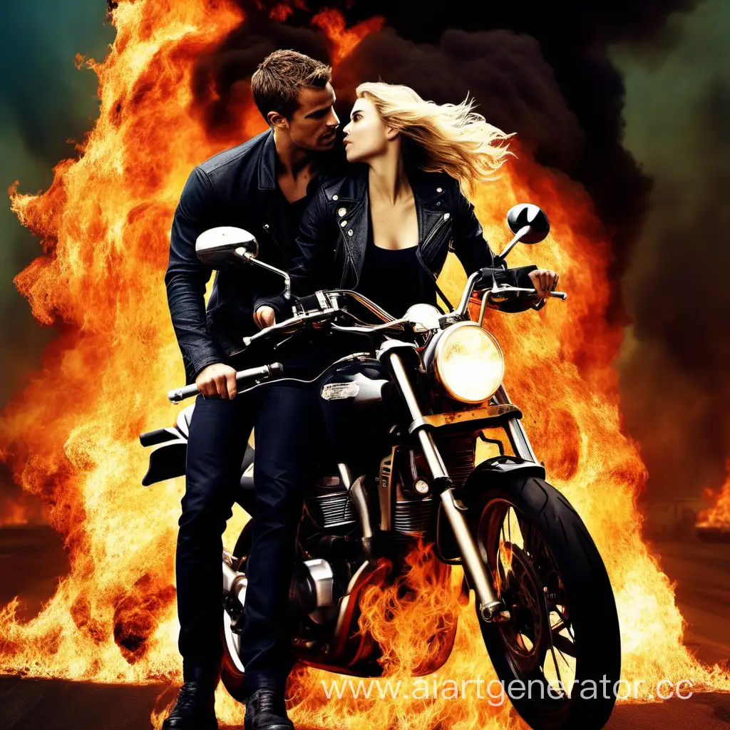 Blonde-Woman-Embraced-by-Flames-Riding-Motorcycle-with-Brunette-and-Theo-James
