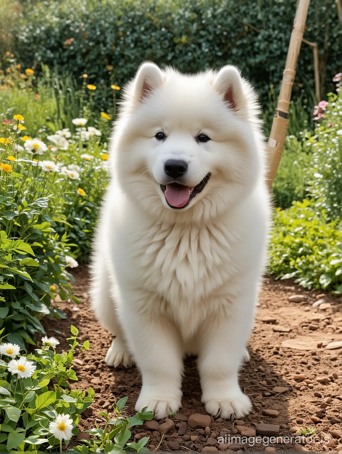 a happy samoyed puppy in the garden