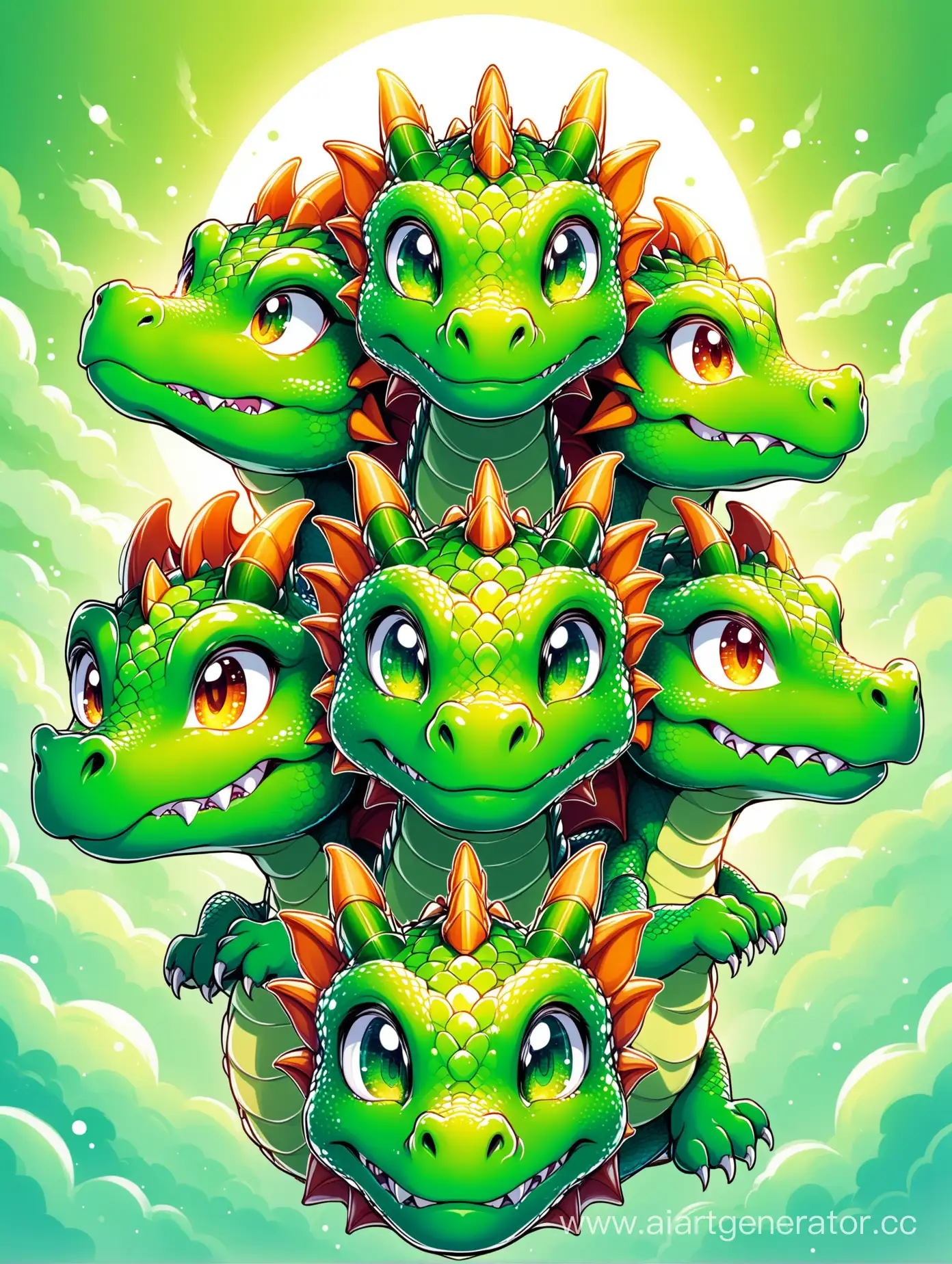 Дракон у которого 5 голов смотрят в разные стороны. Дракон зелёный, а головы разноцветные. Картинка милая, добрая, улыбается.