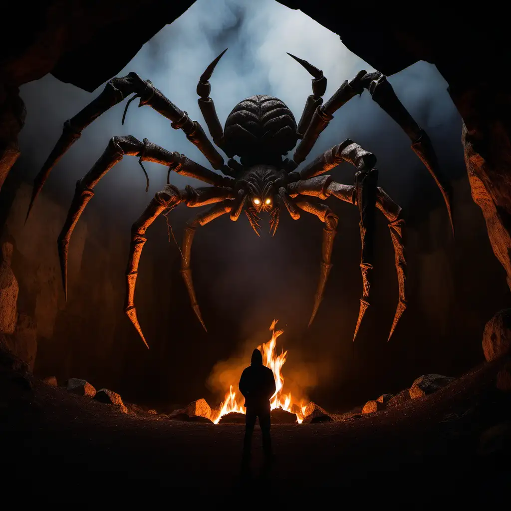 from behind farmer staring at a giant stone spider statue across pit   lit by fire underground