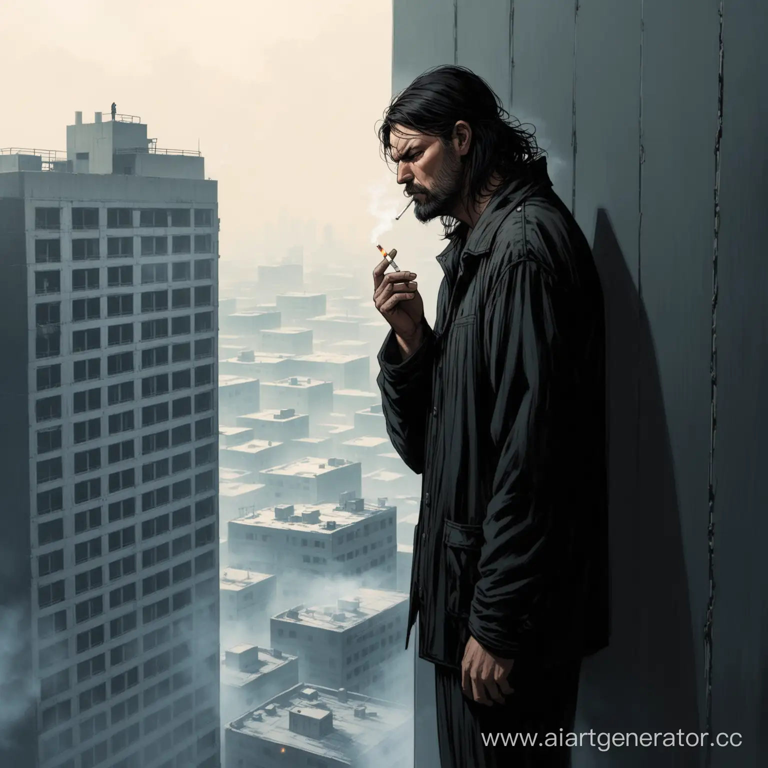 doomer, который стоит на краю крыши 10-этажки смотрит вниз, докуривая сигарету.
