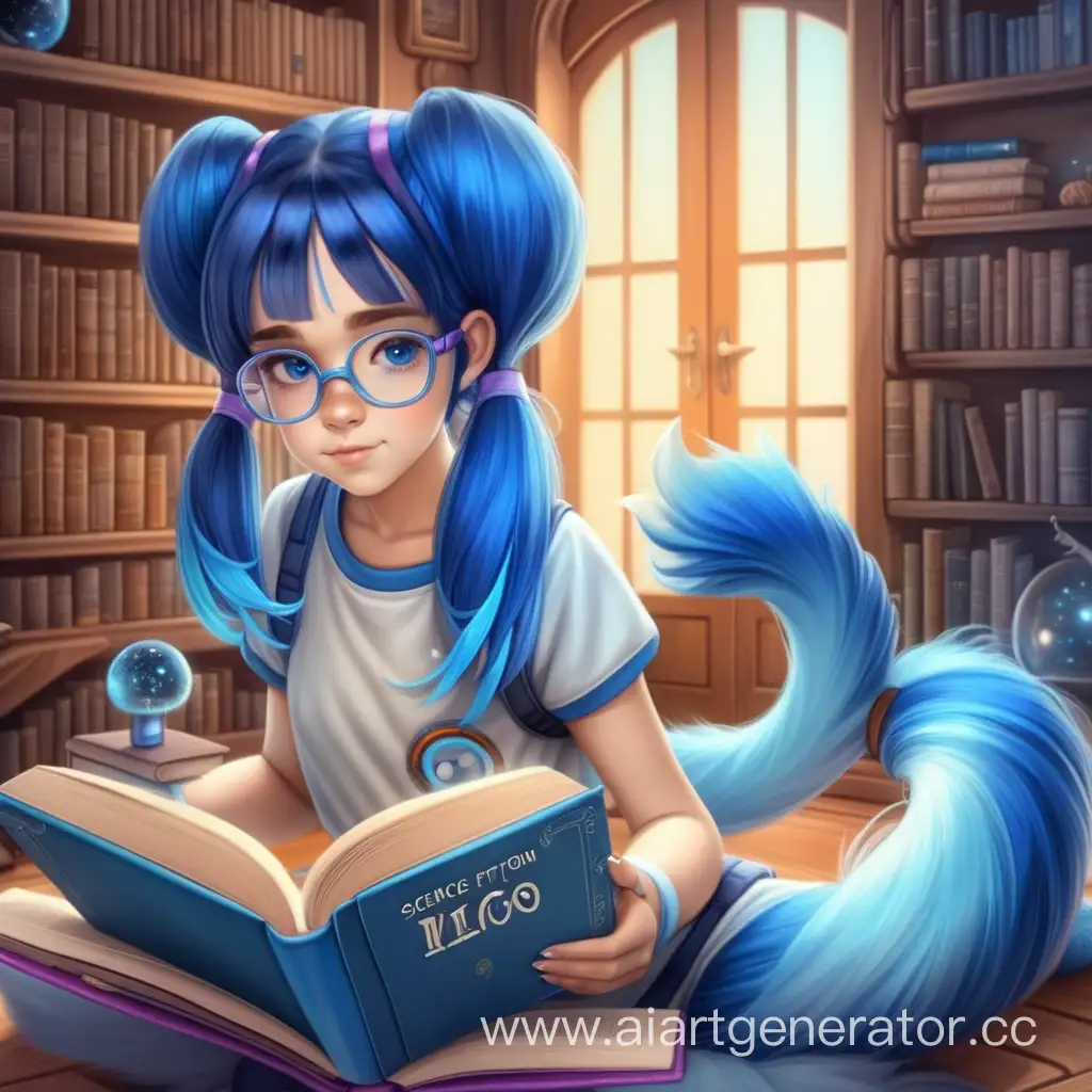 девушка, прическа два хвоста с синими концы, читает книгу. научная фаньастика, фон уютный дом