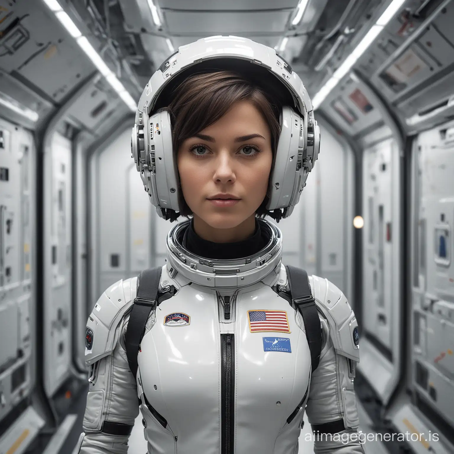 A photorealistic 3D render of a lovely short hair brunette woman in a robotic astronaute space suit with a helmet on her head standing ground level inside a space station hallway. The woman is at the center in depth of the hallway, we can see her bionic boots. She appears to be looking straight ahead. The space station is white with various machinery, equipment and an a closed door visible in the background. The woman's face is visible and she looks to be in her late twenties. The helmet has a visor on the left side. The image has a color palette of white, gray, and black. The overall atmosphere is futuristic and space-themed.