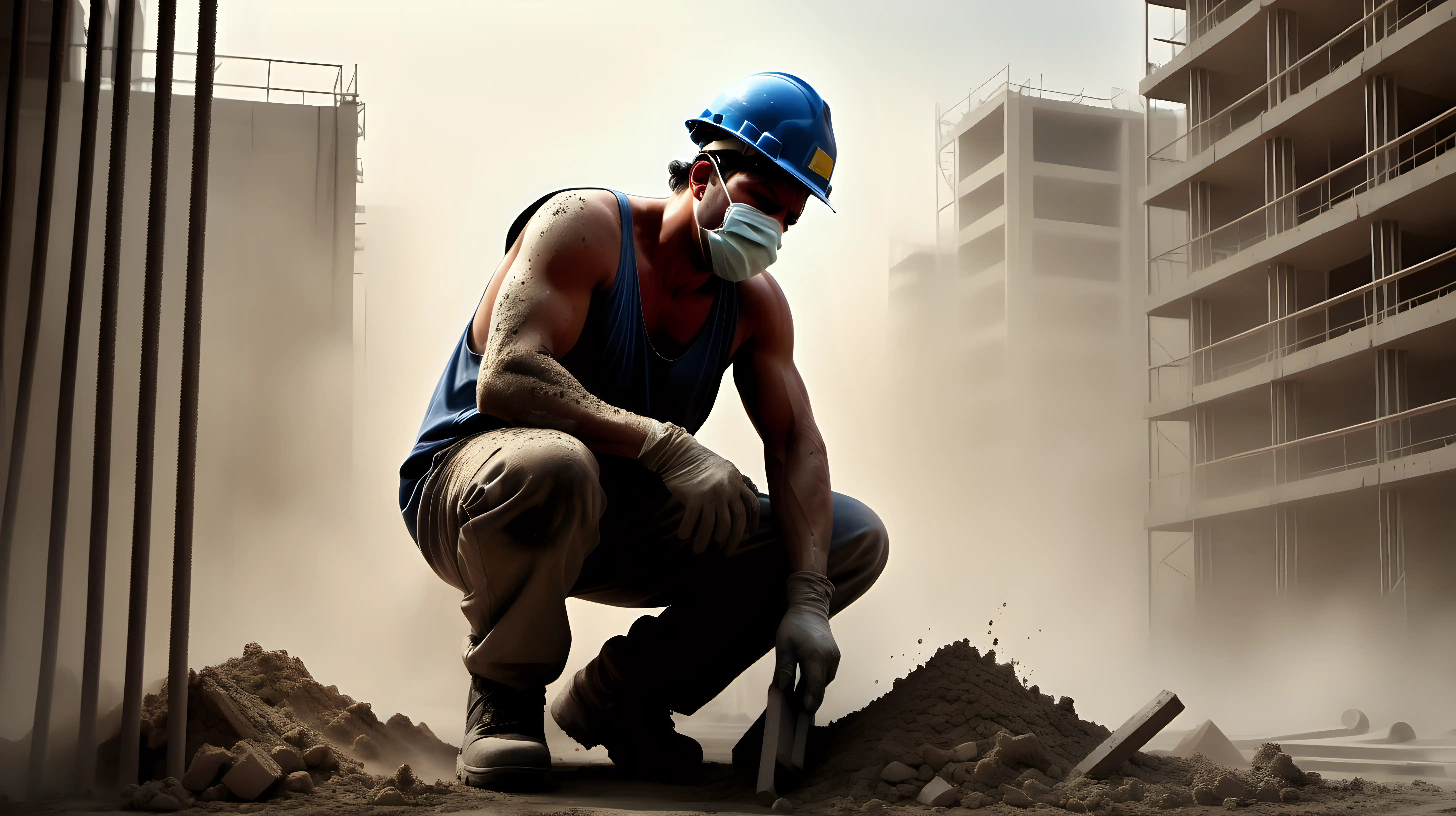 Illustrate a scene of a person working on a construction site, covered in dust and sweat, their fatigued demeanor telling a story of physical exertion and dedication.