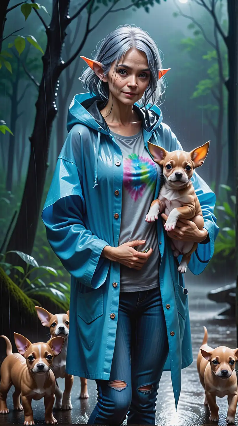 middle-aged Goblin woman with pointed ears in raincoat no hood in blue jeans  and tie dye t-shirt with grey hair in the pouring rain storm with puppies in the dark  blue night forest