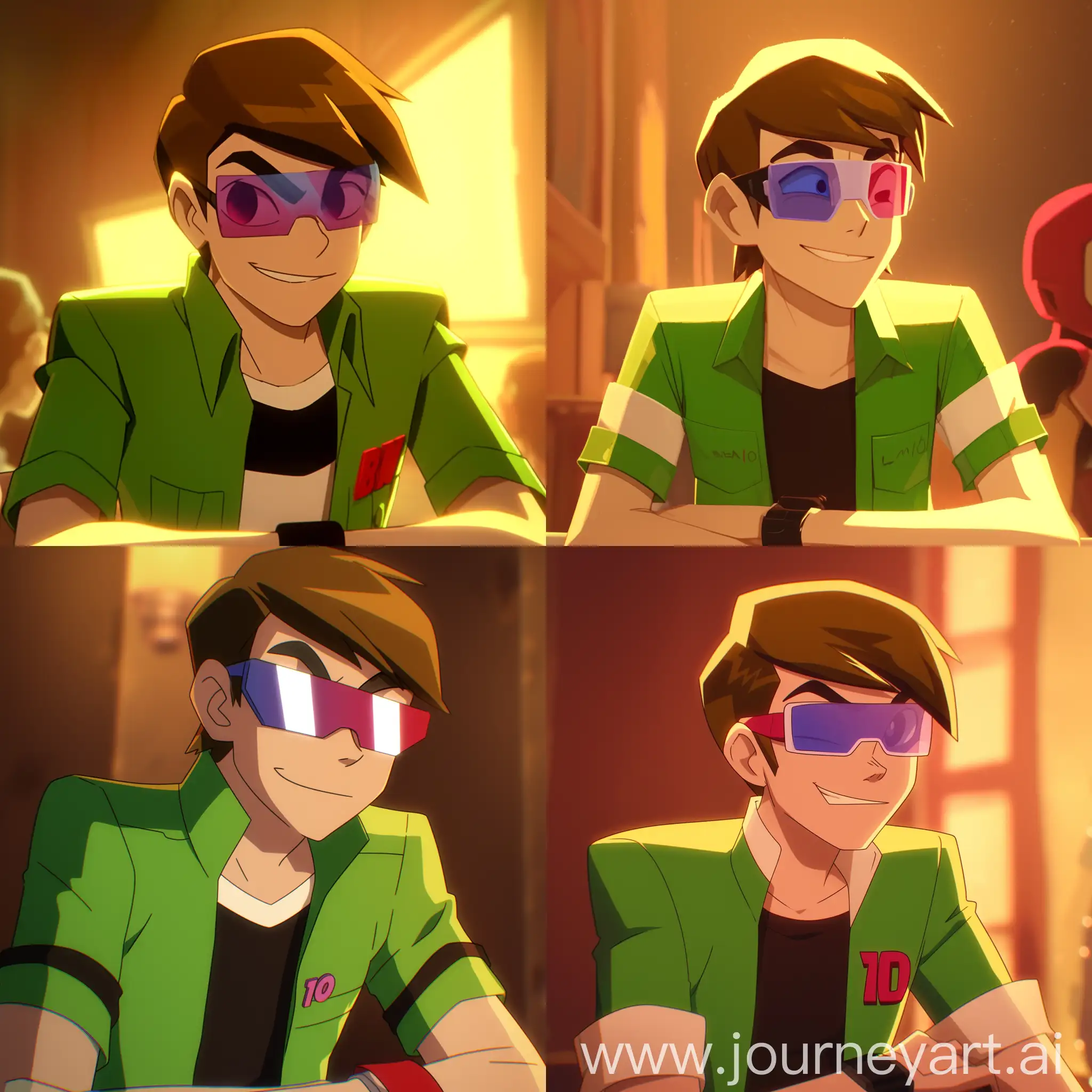  animated character in the style of Man of Action, wearing glasses with one lens of color purple and other lens of color grey, straight angle close shot with him smirking and "ben 10" is embroidered on his yellow jacket, still from the film. he's sitting on the empty hollow space with blur aesthetic background  --niji 6 --cref https://cdn.discordapp.com/attachments/1215979386310889605/1216982884083040266/Picsart_24-03-08_22-57-05-471.jpg?ex=66025ea2&is=65efe9a2&hm=a3c3cd11df6f7a445bf1bb038220edc722e23bafed0277ddb6c2189fdd7132ea& 