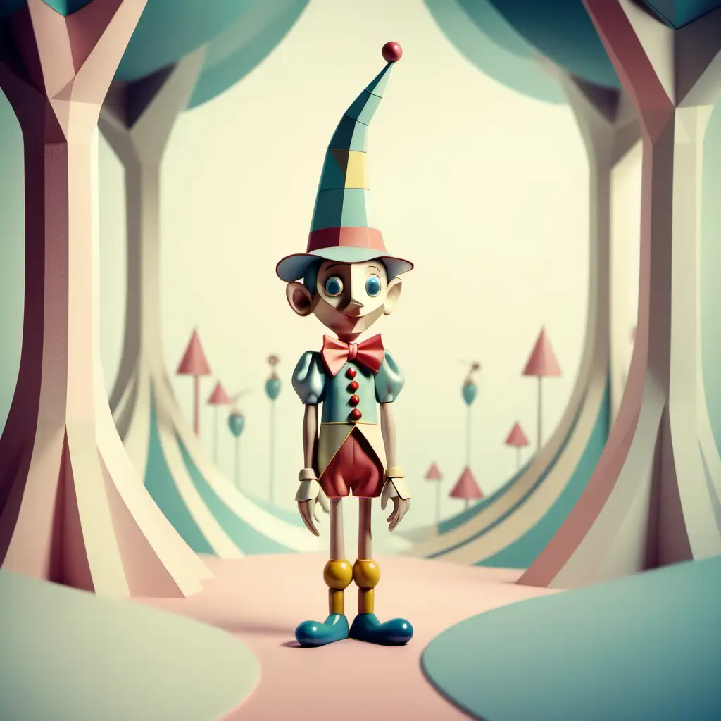 Whimsical Pinocchio in Wonderland with Soft Tones and Geometrical Shapes