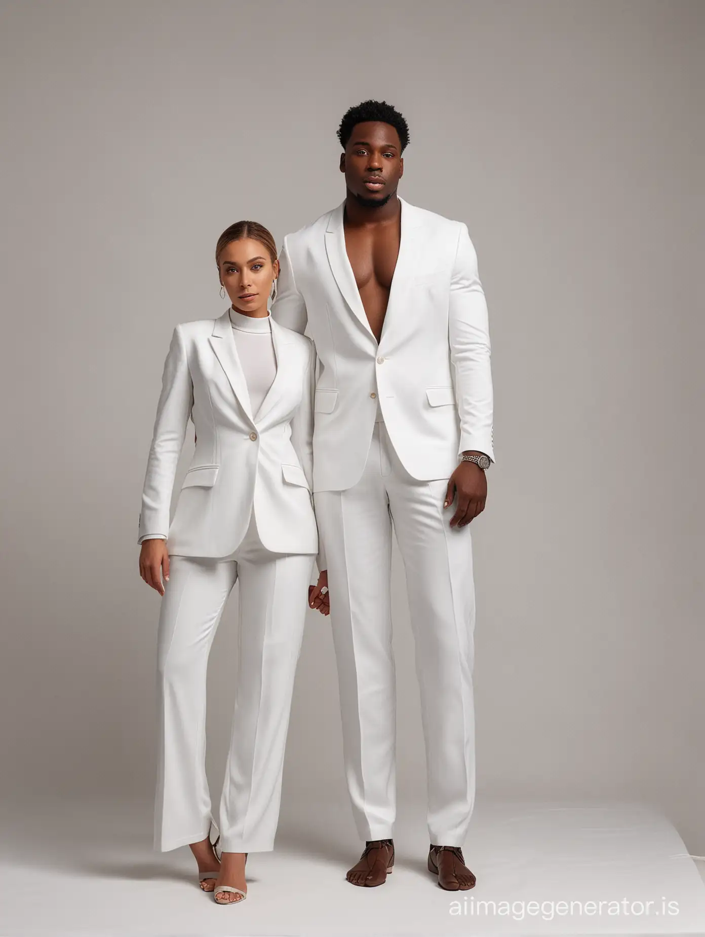 black people couple man+woman wearing white suit in front standing position from head to toe