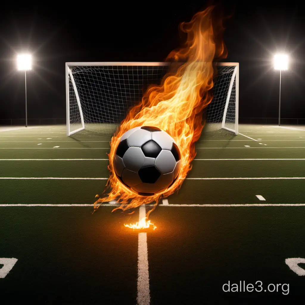 a football on fire from the high speed, going to the goalpost, on a football field, the football on the left and the goalpost on the right.