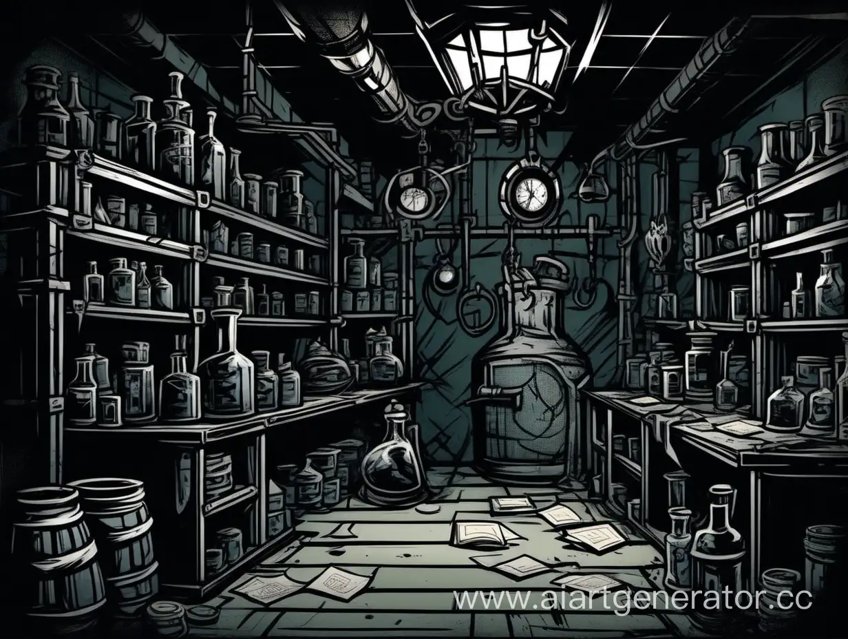 The alchemy lab. In Darkest Dungeon art style. The dark. mouth closed. Low detail. Very thick black outlines. Dystopian comic book style. Harsh lighting. Black shadows.