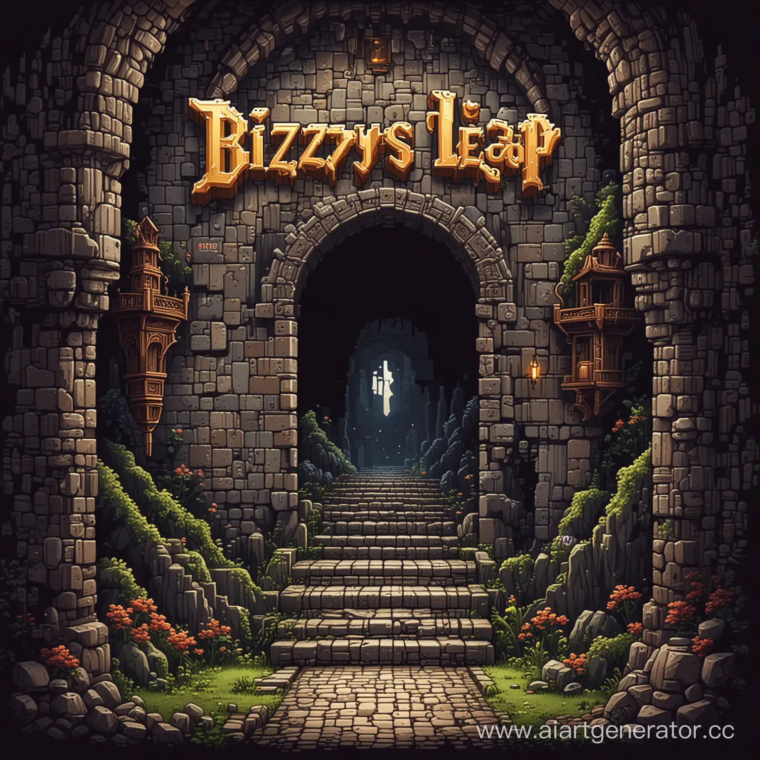 Создать надпись "Bizzy's Leap" в виде пиксель арта, в фентези стиле, в подземелье 