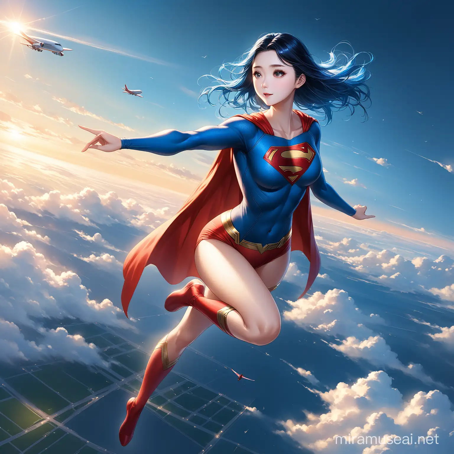 birdview , ultra detail ,SUPER WOMAN real face high nose 28years old fanbingbing WITH THE OUTFIT OF SUPERMAN, out of airplane rightside 70 degree angle ,open blue hair, shining eyelights, super girl long leg extend full body  flying , can saw her outside flying  from  front window to see ouside,cloudy,  