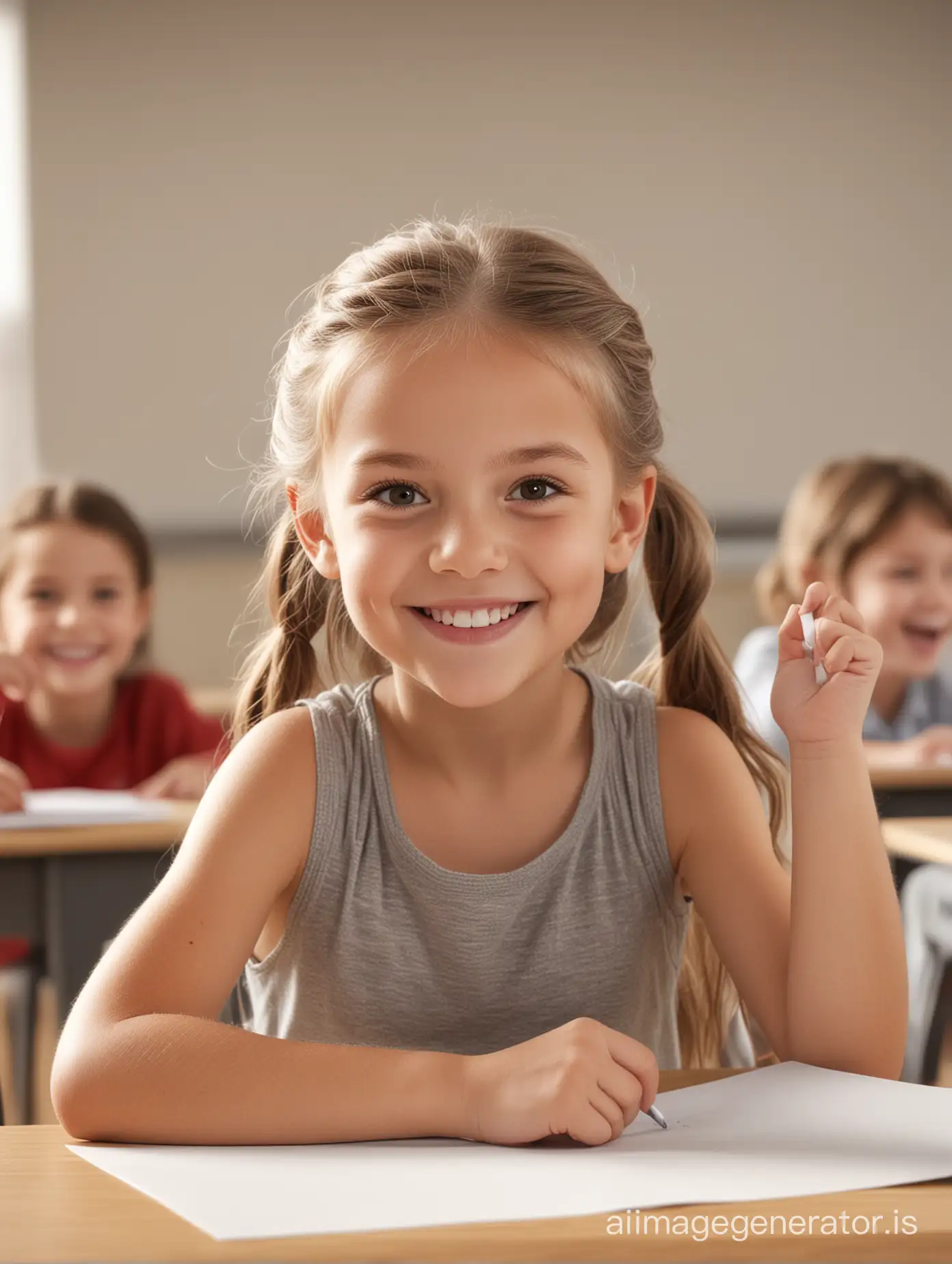 Photorealistic image of a smiling little girl in a classroom. She is holding a white paper. Focus on creating perfect, detailed fingers. The image should have high contrast, awesome lighting, and be highly detailed. Aim for a high-resolution output that looks incredibly lifelike.