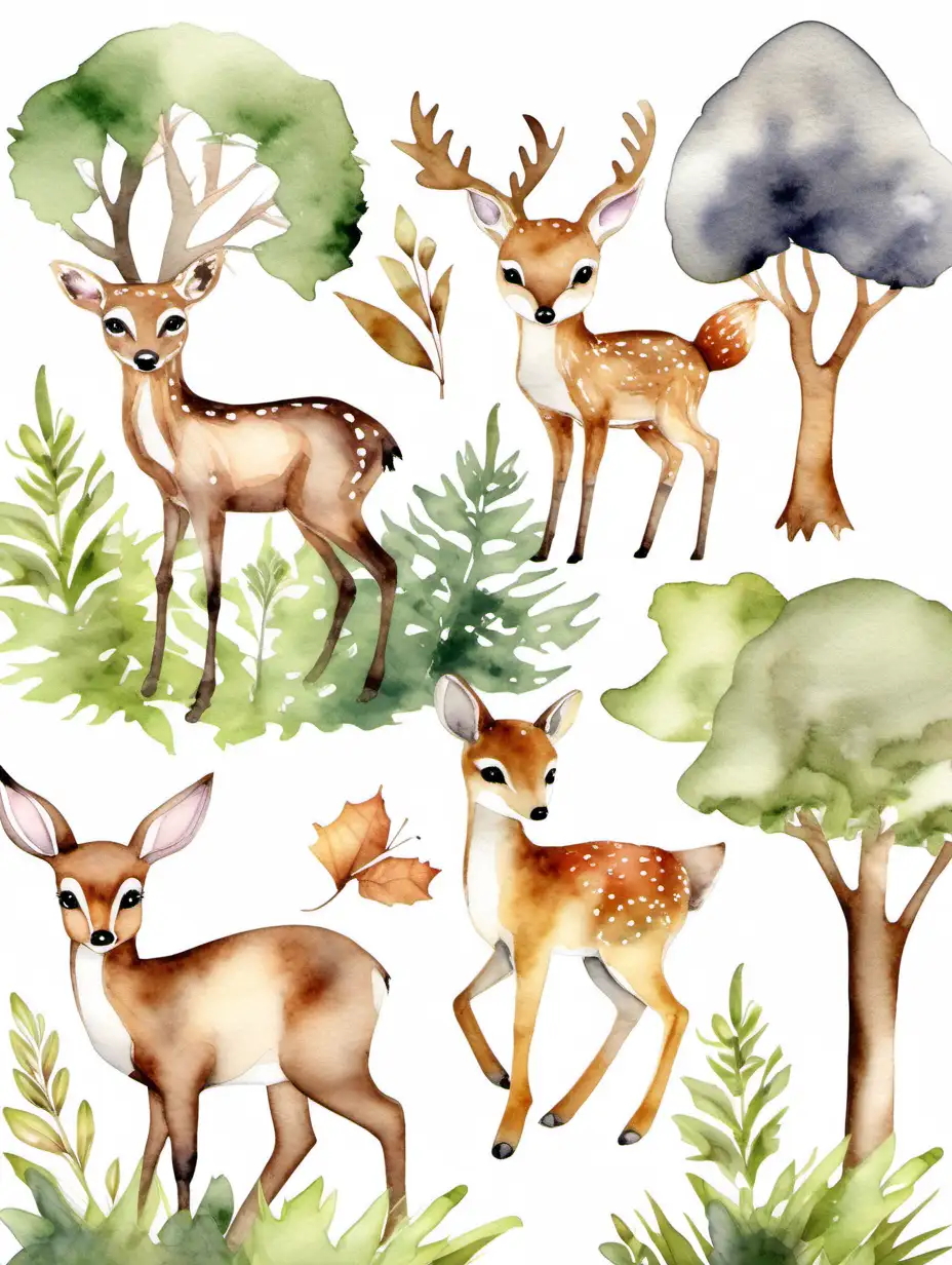 watercolor woodland clip art, isolated on a white background, suitable for a nursery