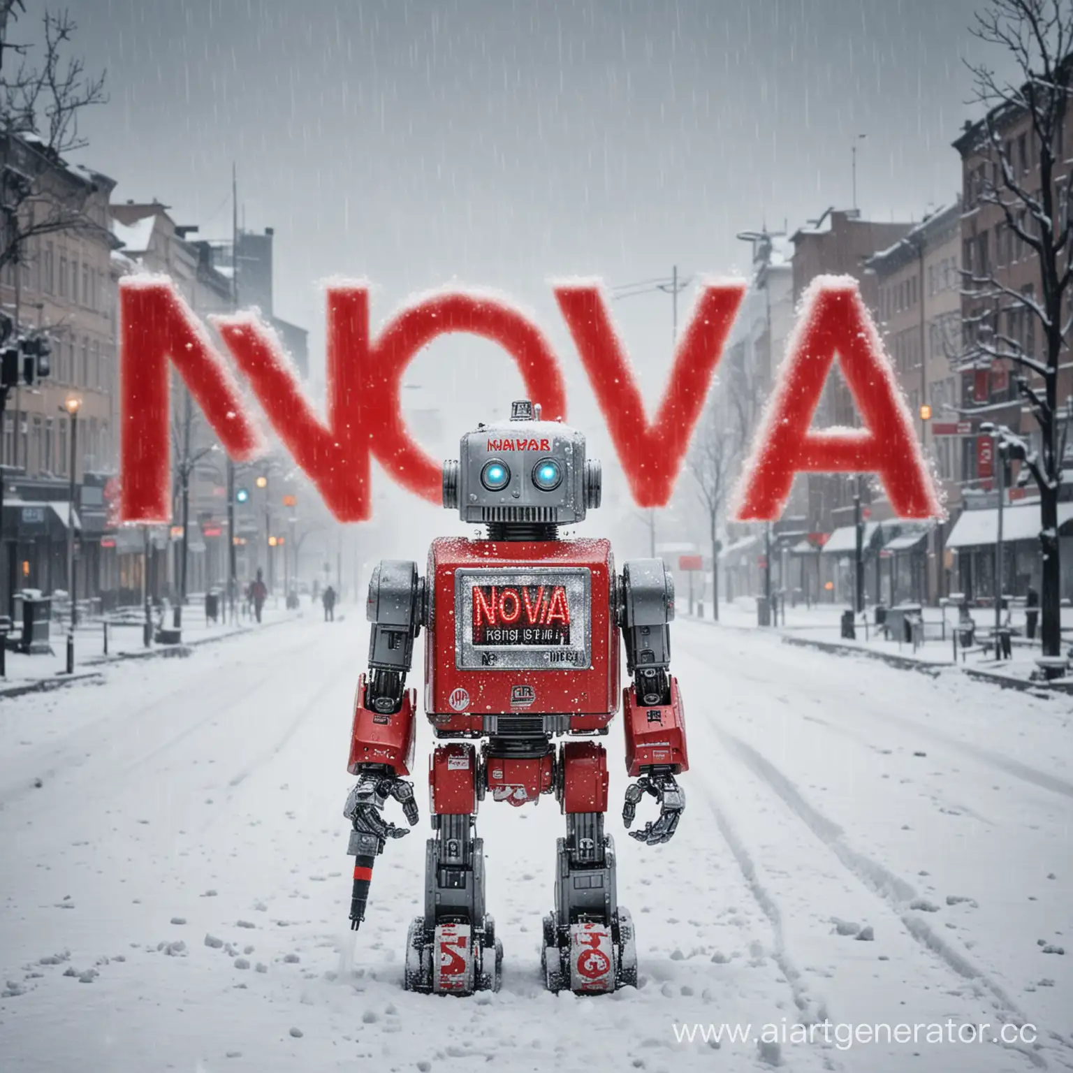 Electronic-Cigarette-Robot-Sculpture-Amidst-Snowy-Cityscape-with-NOVA-STORE-Sign