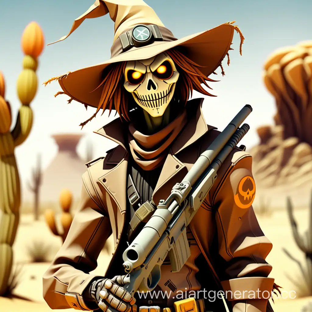Borderlands style. Scarecrow in witch hat with sniper rifle wonders in desert.