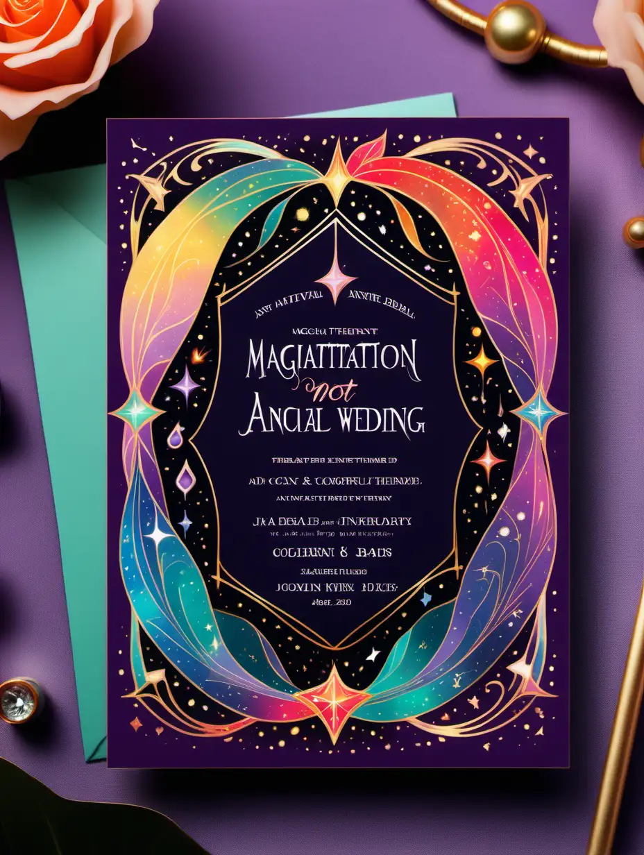 colorful magical themed wedding invitation
. straight forward not angled. with writing.