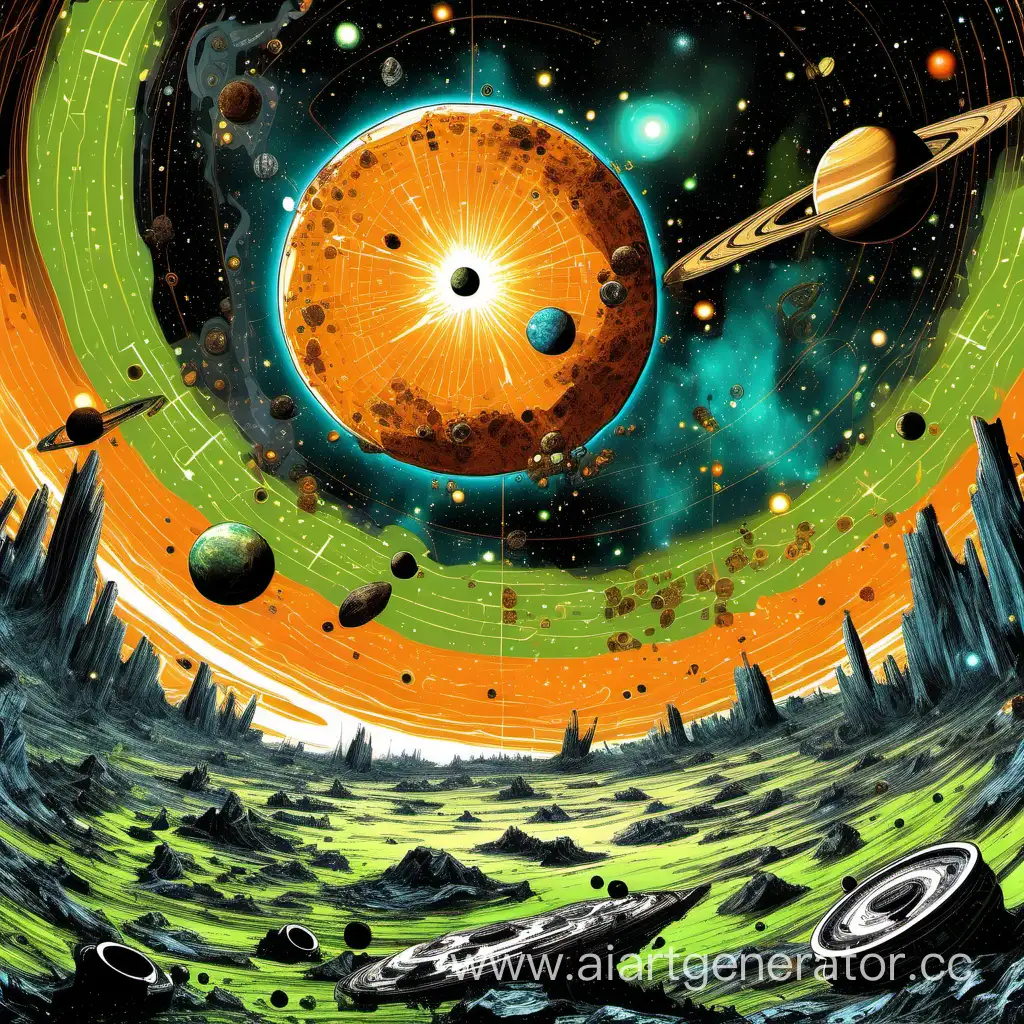 оранжевый космос среди планет с кольцами из метеоритов и обломков кораблей, имеющие цвета зеленного и голубого на планетах, а на фоне взрыв созвездий и черных дыр