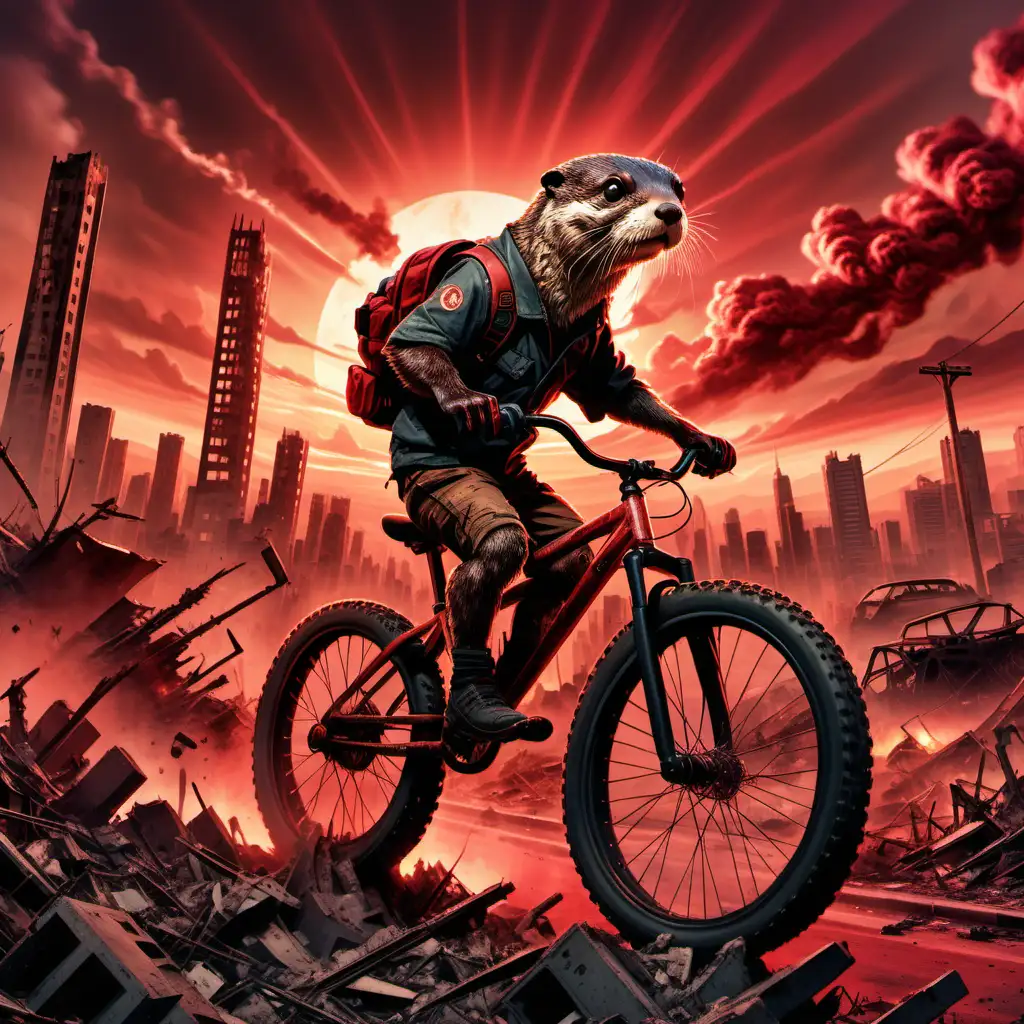 nutria postapocaliptica del futuro montando una mountainbike en una ciudad bombardeada por una bomba atómica llena de peligros, con un atardecer muy rojo al fondo 