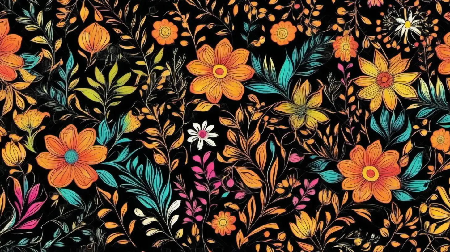 Vibrant Floral Pattern on Black Background Exquisite Blossoms in Bold Contrast