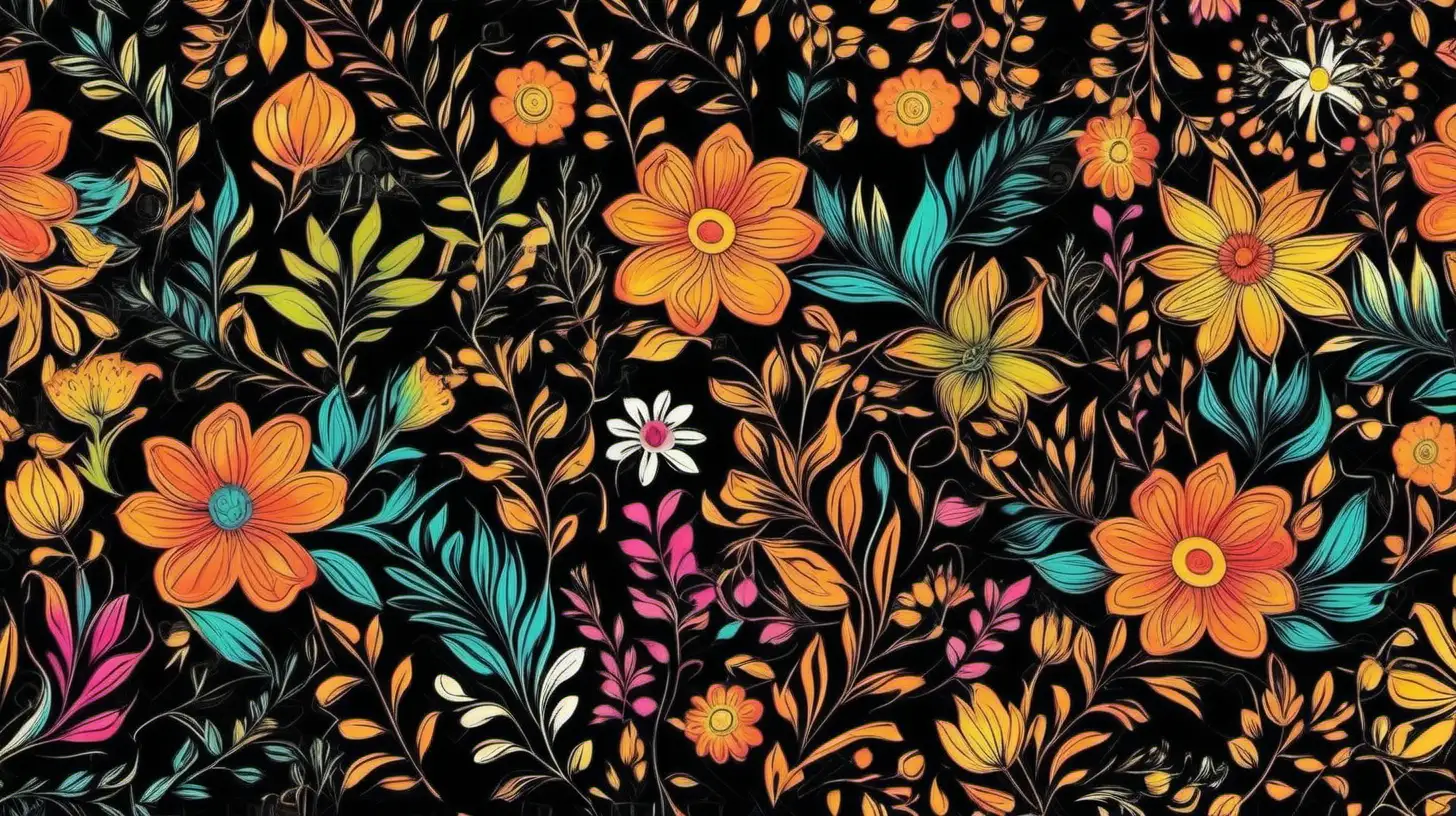 Vibrant Floral Pattern on Black Background Exquisite Blossoms in Bold  Contrast