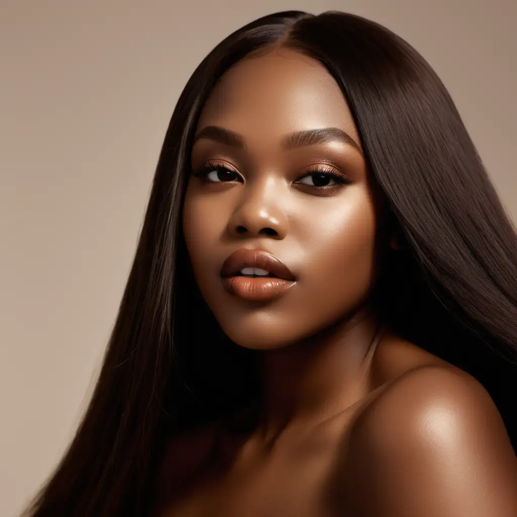Compose a captivating image featuring a youthful African American woman with plumped lips, radiant skin, and sleek, long straight hair. Emphasize her natural beauty, confidence, and the allure of carefully curated aesthetics for our beauty campaign's impactful visual narrative.