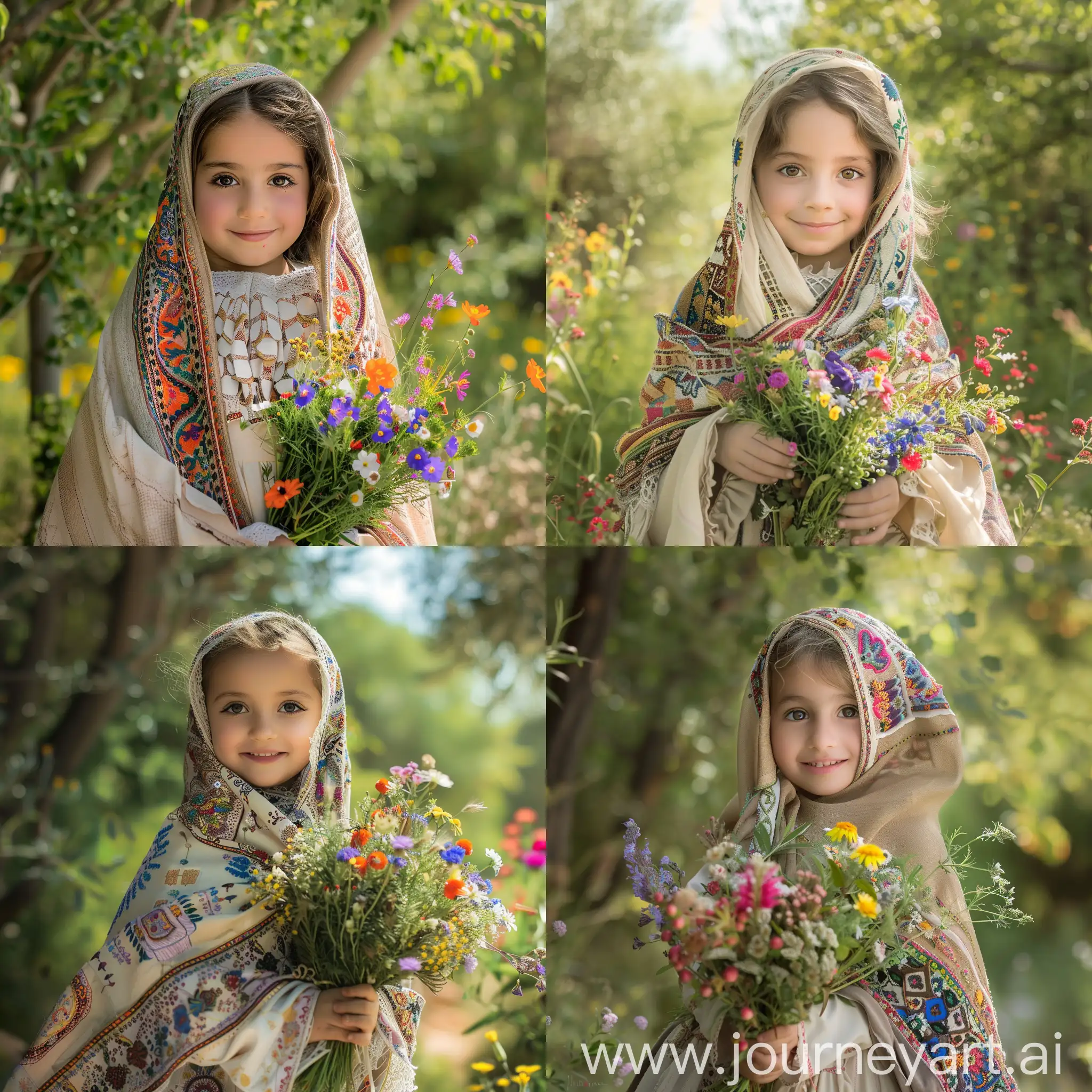 Innocent-Saudi-Arabian-Girl-Adorned-in-Traditional-Costume-with-Wildflower-Bouquet-in-Nature