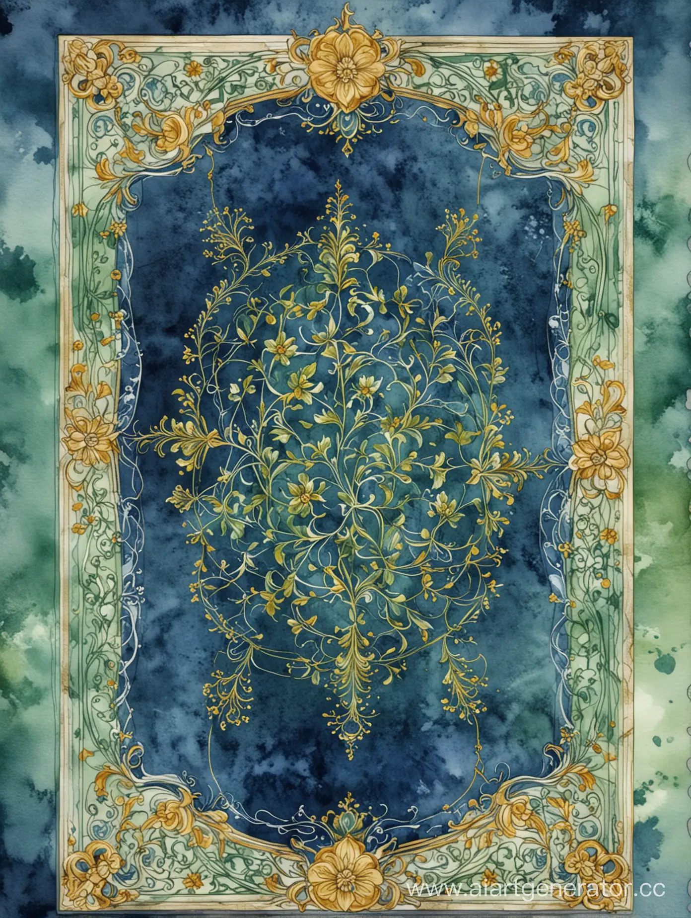 Watercolor-Tarot-Card-with-Intricate-Golden-Floral-Border-on-Dark-Blue-Marble-Background