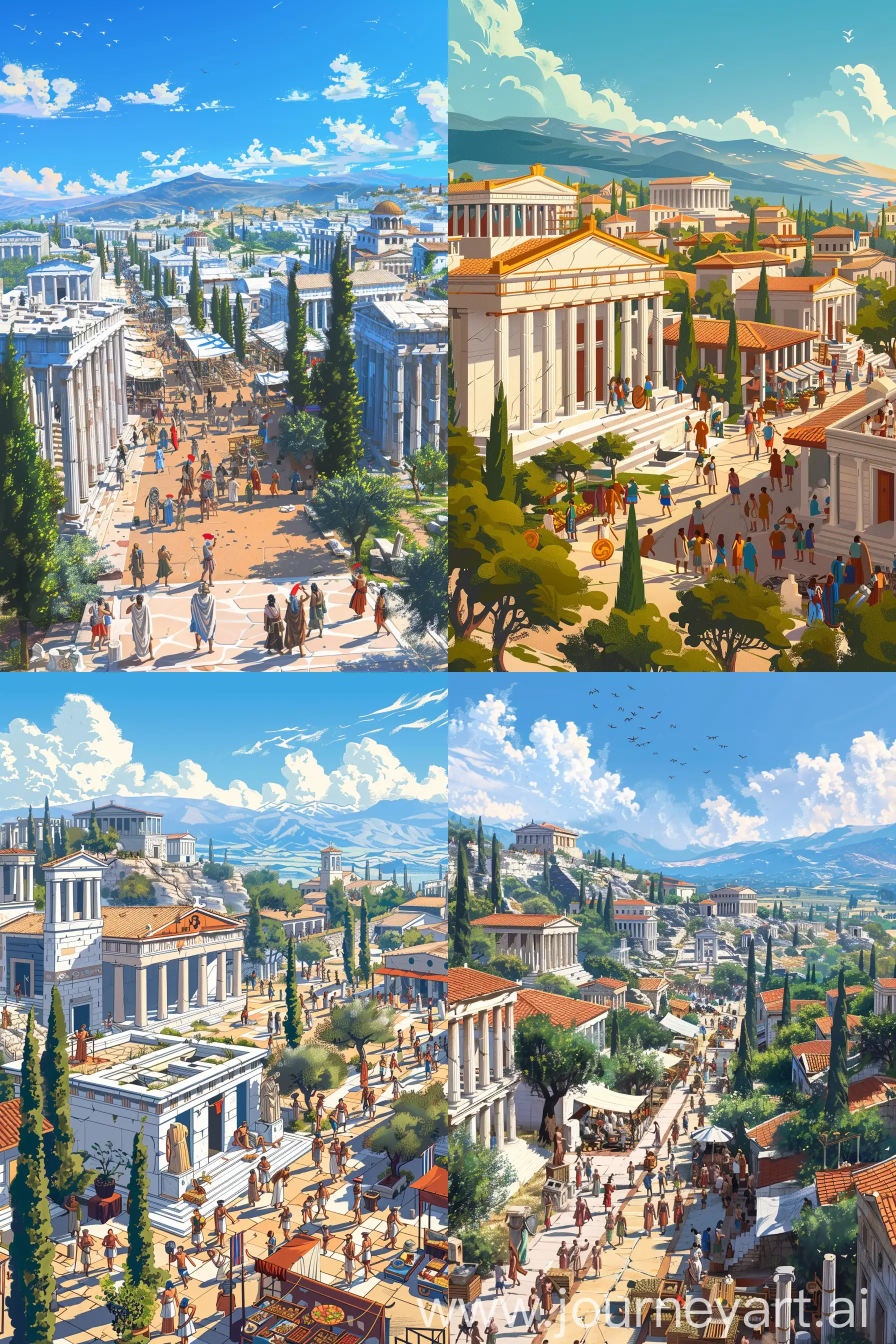 A detailed illustration of an ancient Greek cityscape with iconic white marble buildings, intricate Doric columns, people in traditional togas going about their daily activities, a bustling marketplace, olive trees dotting the landscape, clear blue skies, warm sunlight casting dramatic shadows, and distant mountains on the horizon. --ar 2:3 --s 150 --c 5