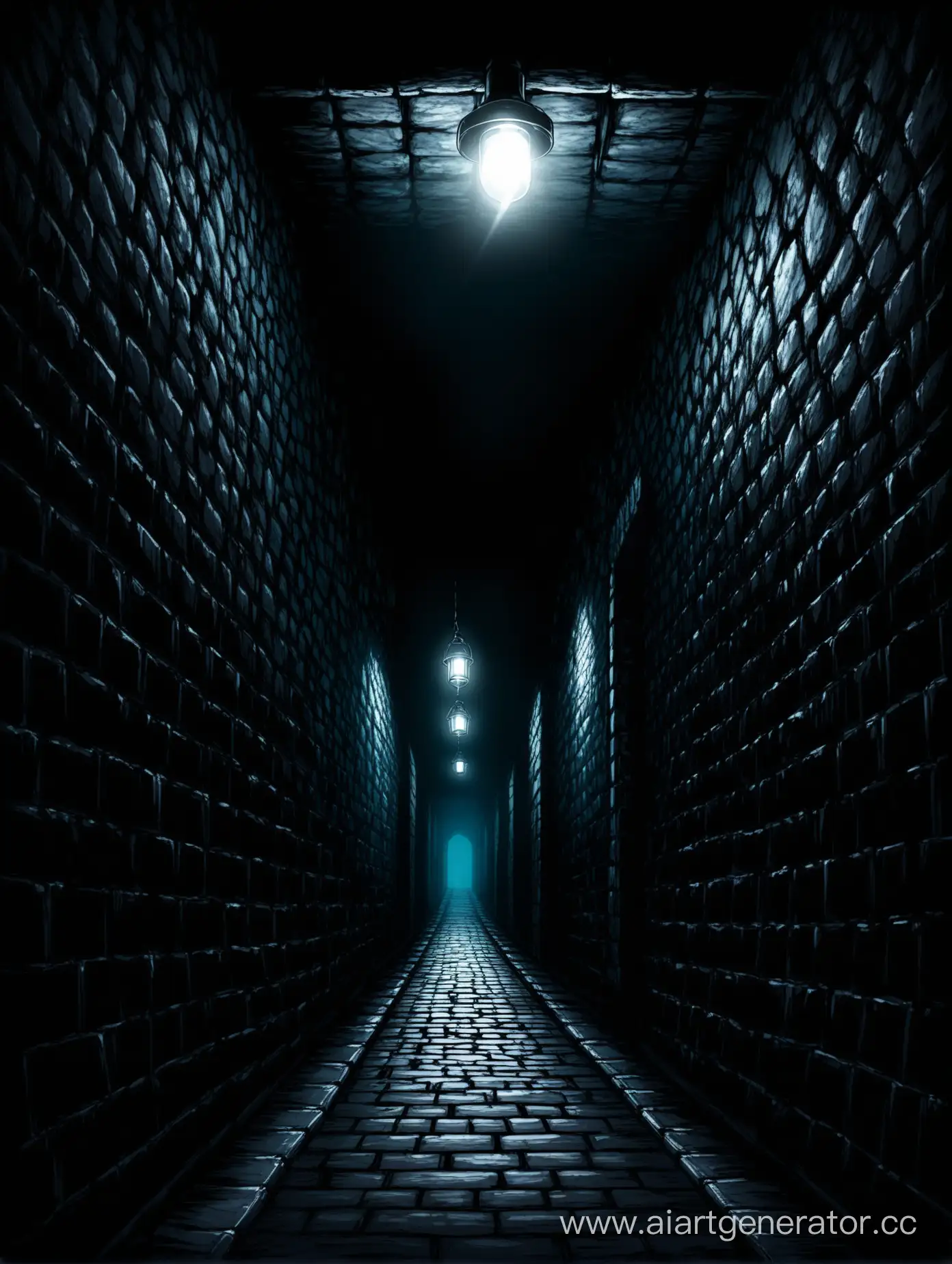 Creepy underground corridor made of black brick, lit by a single torch, dungeon, fantasy