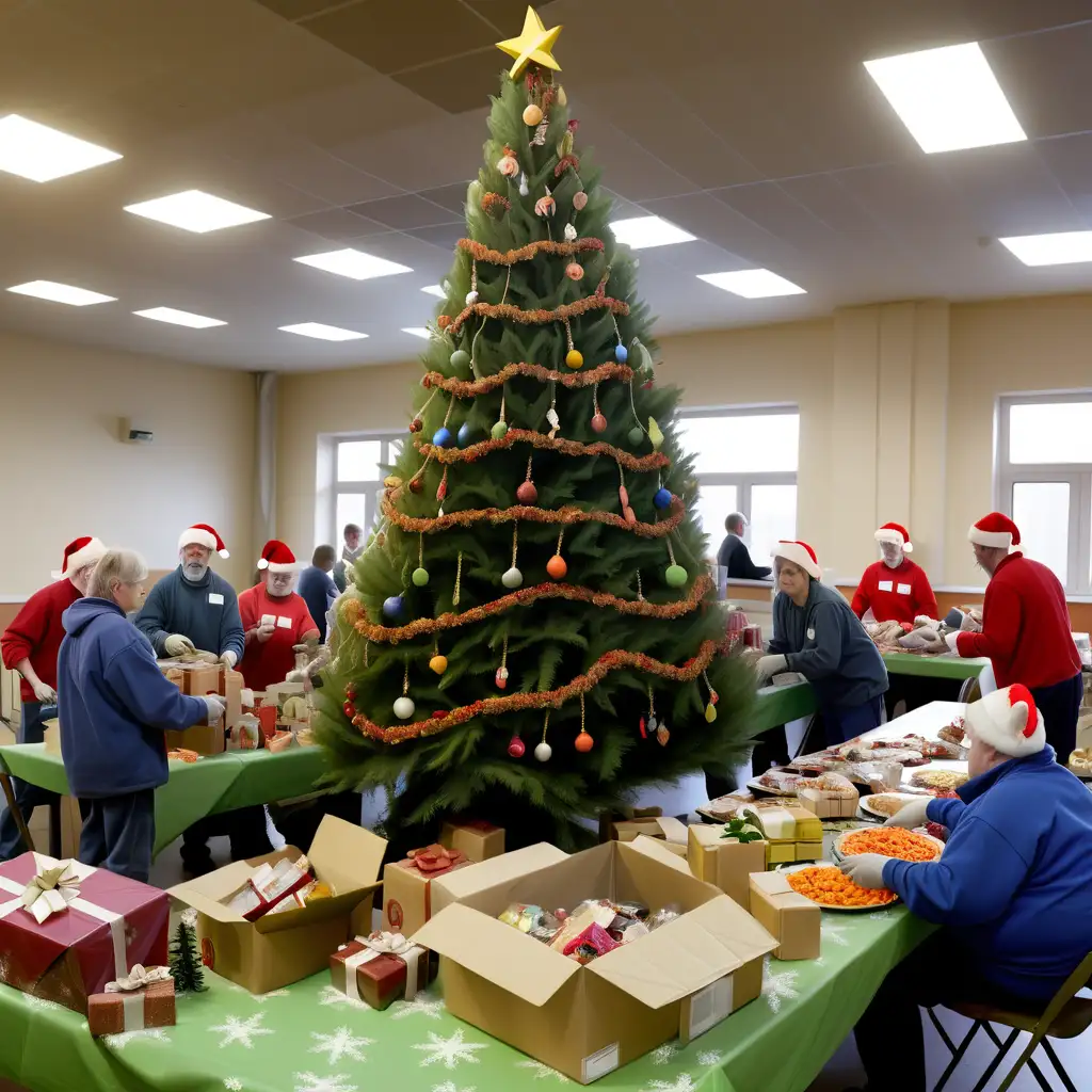 Christmas tree with presents volunteers working around tree hold food in a big room full of food and Christmas presents on tables
