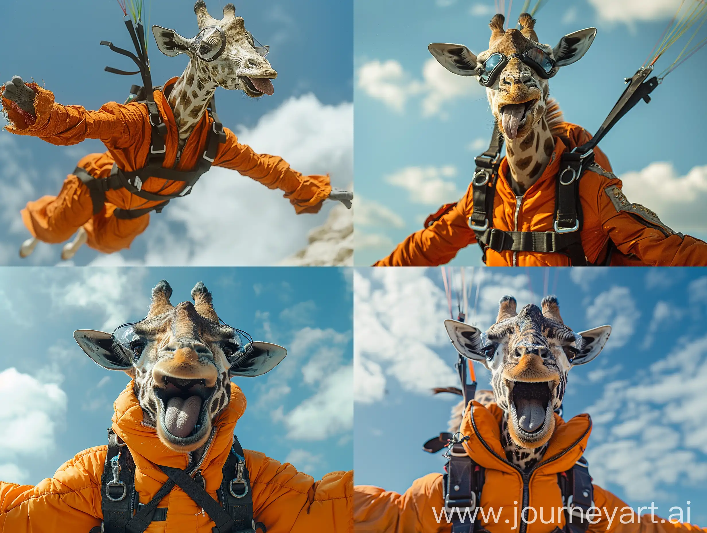 Excited-Skydiving-Giraffe-in-Orange-Parachute-Gear