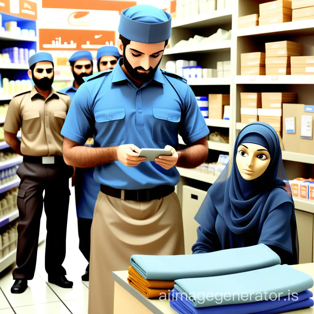 loss prevention officer training for store level staff, male staff uniform is blue tshirt and kakki pant, female in burkha, make face more real and create group of people like loss prevention officer is providing the training to store staff, fmcg store back ground  of dubai