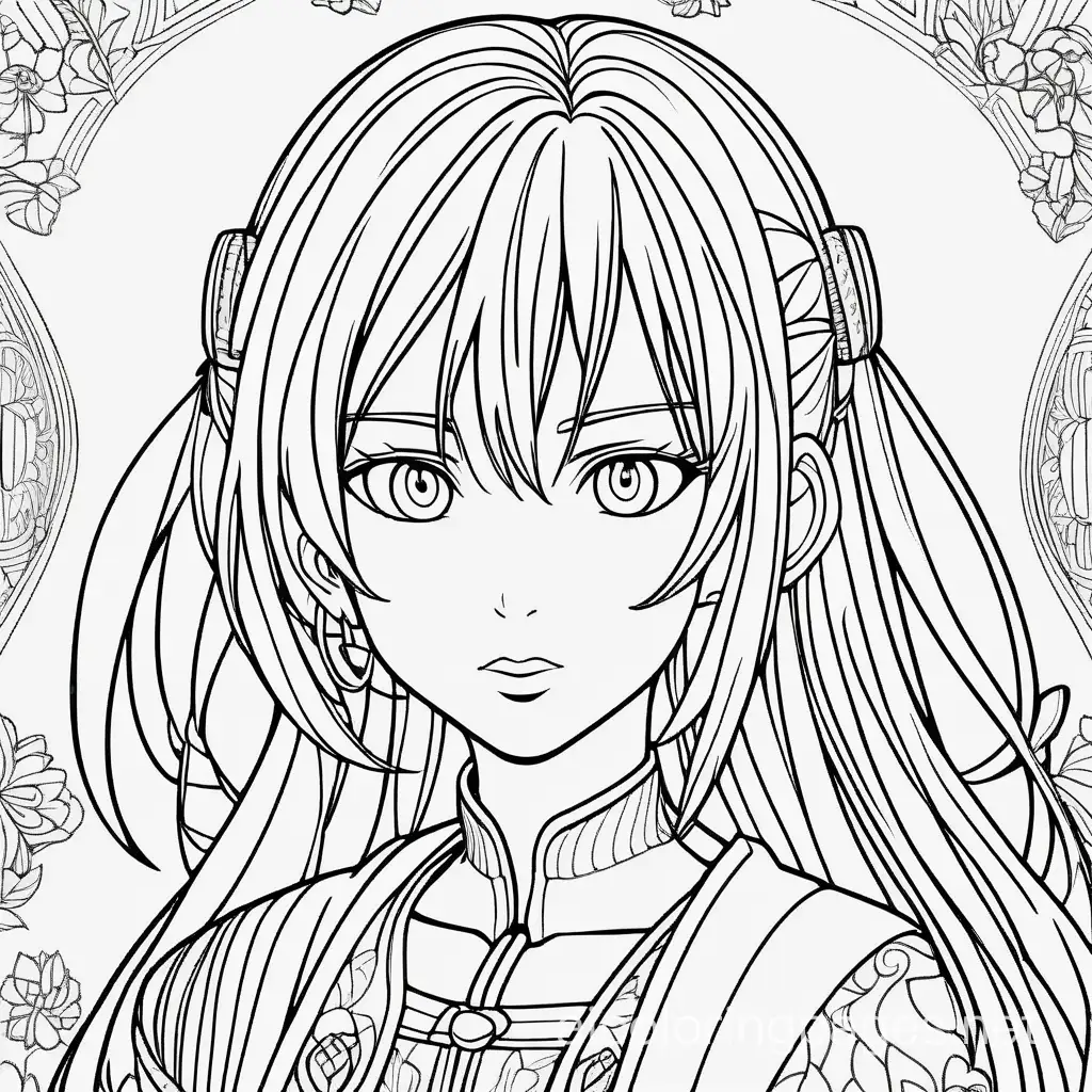 intricate adult woman anime character with detailed  background, Coloring Page, black and white, line art, white background, Simplicity, Ample White Space. The background of the coloring page is plain white to make it easy for young children to color within the lines. The outlines of all the subjects are easy to distinguish, making it simple for kids to color without too much difficulty