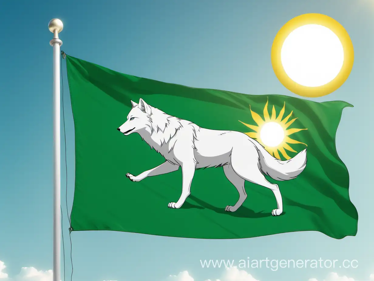 Флаг зеленного цвета на котором нарисован белый волк смотрящий на солнце