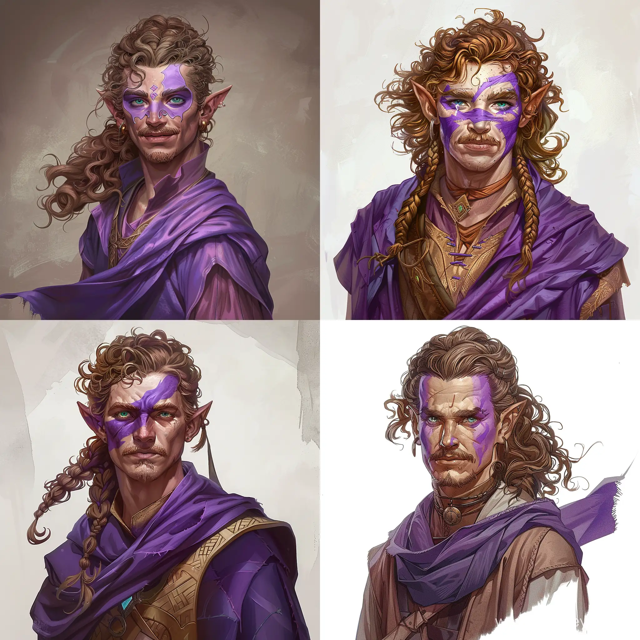 dnd character a human race male sorcere standing in full height art, round lobe earshape, mid fit physique, straight button nose with a bit of wide nasal bridge and upturned wide point, blue-green colour mixed oval eyes, angled eyebrows, short mouth, round ear lobe, mid set cheekbones, oval headshape, long loose curly light-brown braided hair flowing on the wind and covering ears, bristly mustache, sarcastic smirk face expression, purple accurately done facepaint covering both eyes and eyesockets, wearing south byzantinian like rich purple coloured clothes, pathfinder wrath of the righteous character portrait artstyle