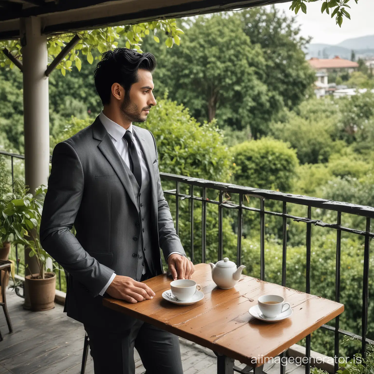 Suited-Man-Enjoying-Tea-on-Balcony-with-Garden-View