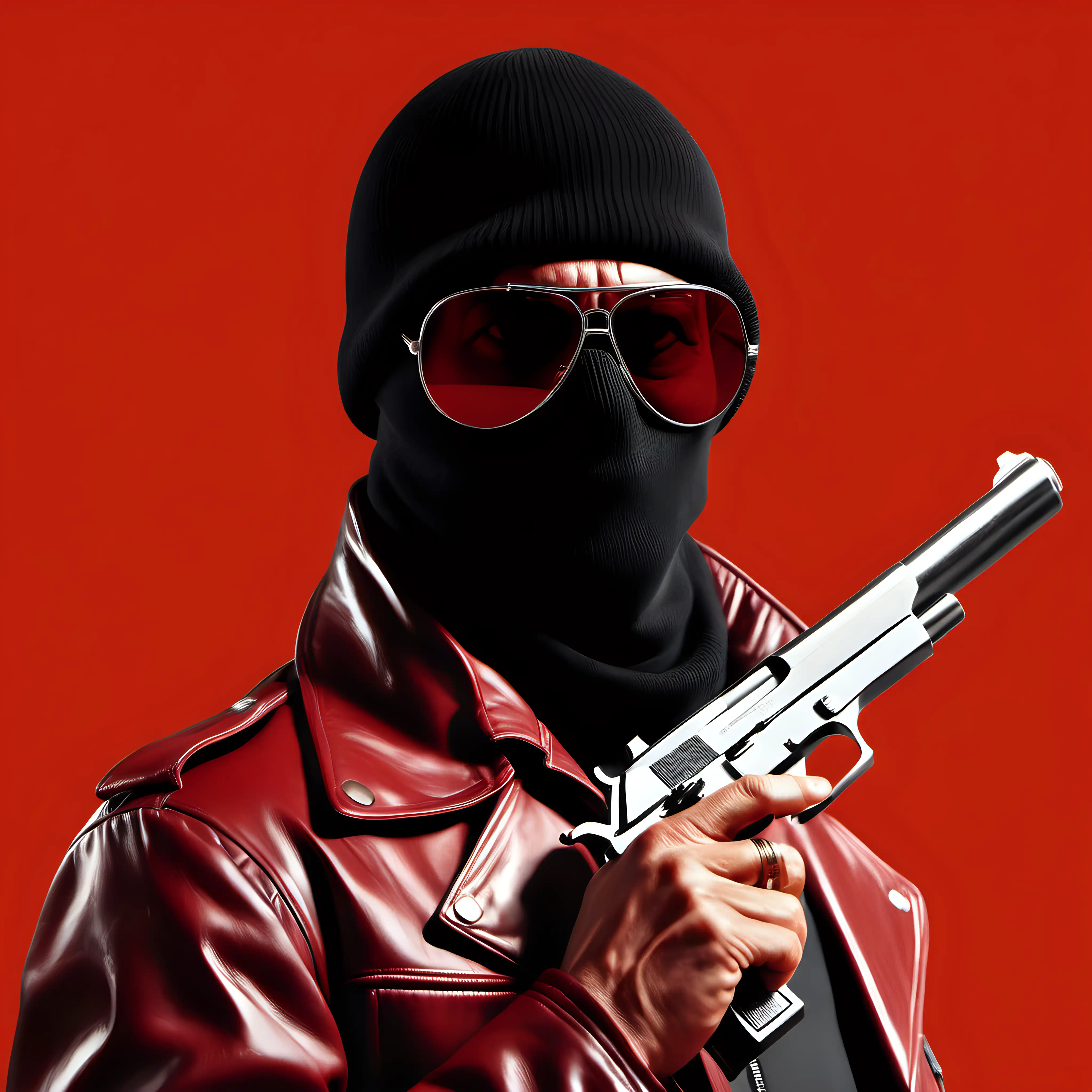 70s Italian crime movie poster, realistic, balaclava, leather jacket , sunglasses , pistol, red background, 70s vintage style 