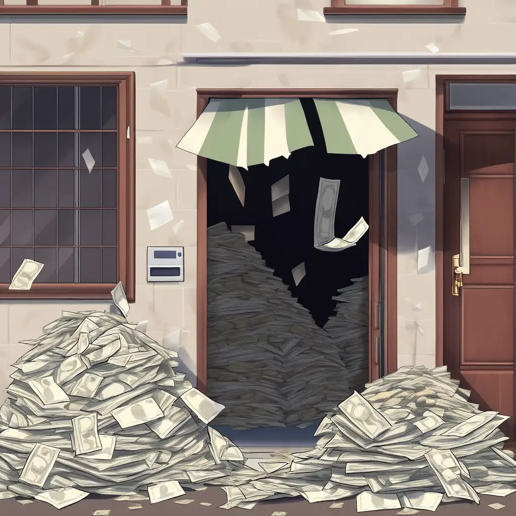 a small business, with a big pile of cash spilling out the front door and windows