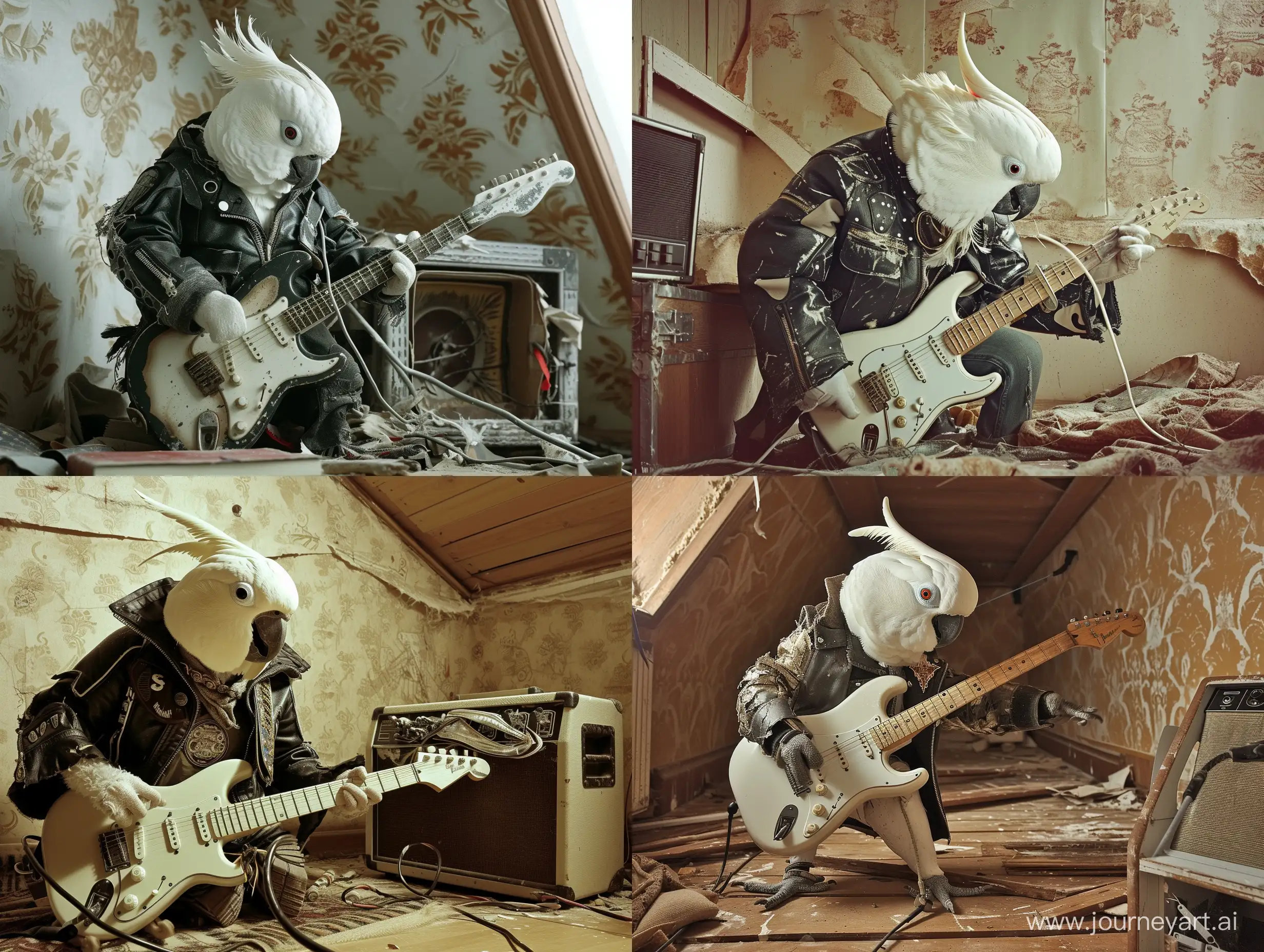 Funny-White-Parrot-in-Biker-Jacket-Electrocuted-by-Guitar
