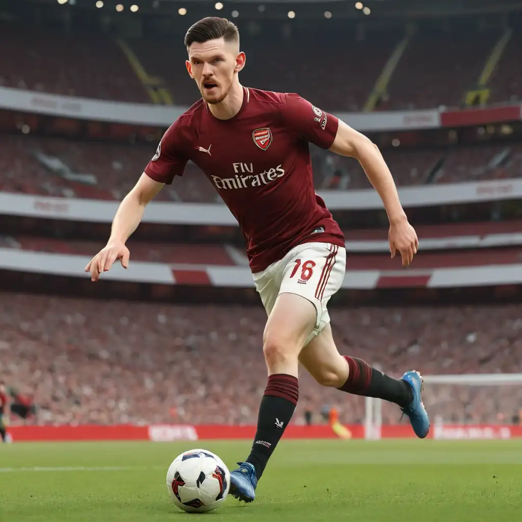 Draw the image of Declan Rice The beard is thin and sparse
IN Arsenal T-SHIRT , dribbling the ball ,the background image is the stadium

, 3d cartoon,wearing shoes,