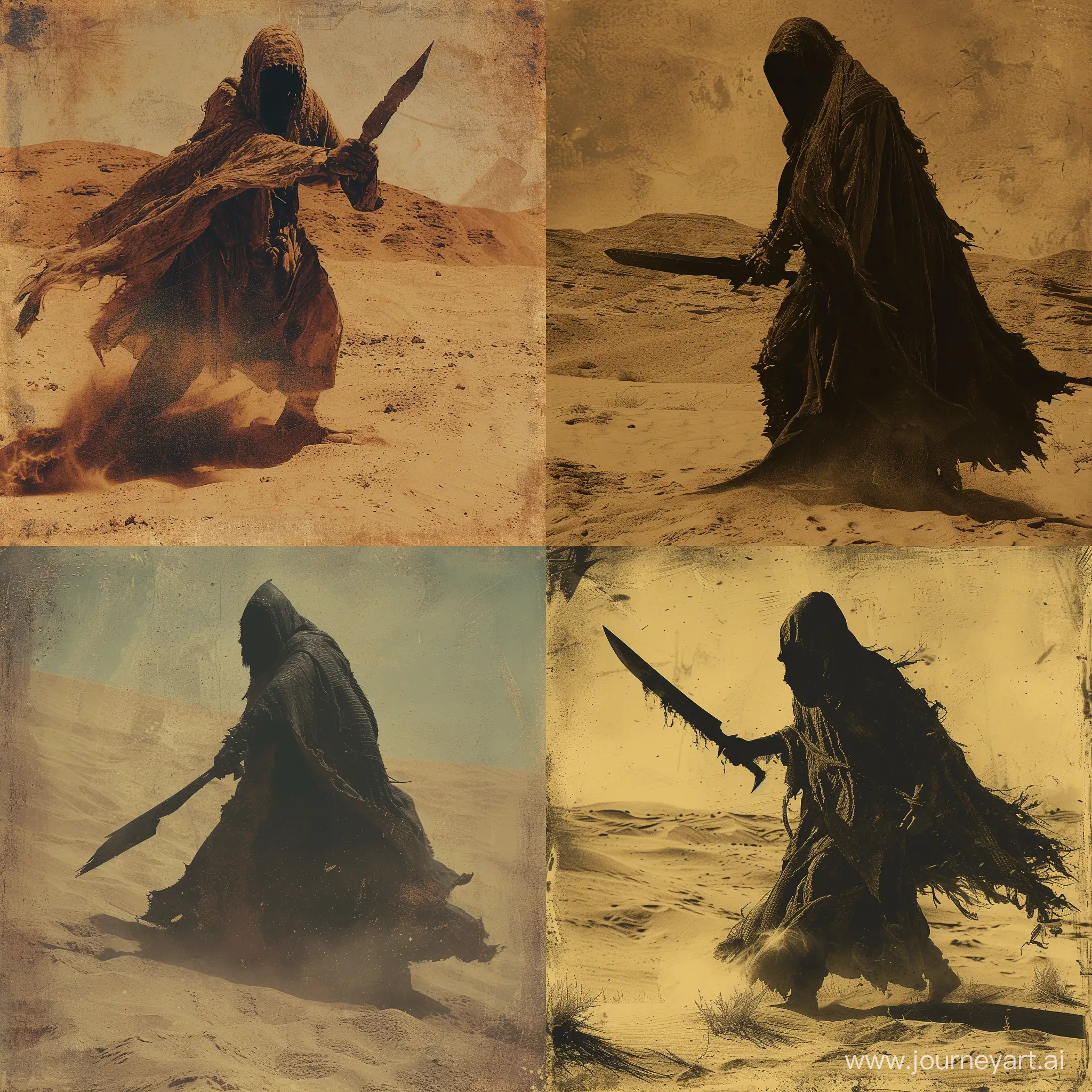a dune Sinister desert nomad, Cloak woven from the cursed hides of ancient sandworms, Wields a crysknife, menacing,  in a middle of a desert ,1970's dark fantasy style, gritty, dark, vintage, detailed