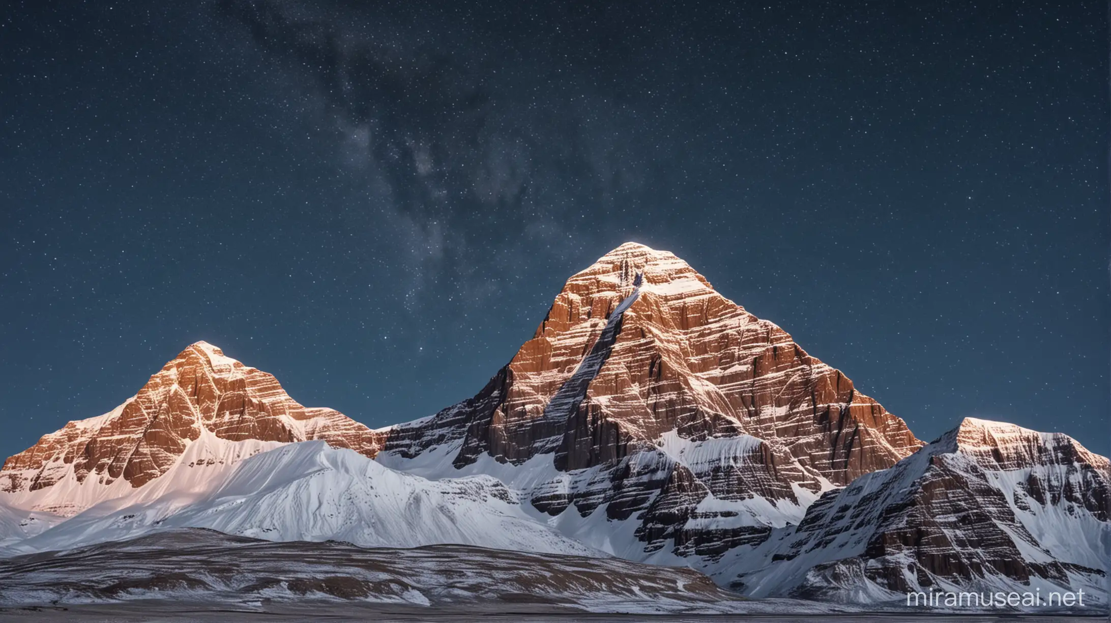 wide shot, ranges of mount kailash, night sky, stars, long snow clad mountain ranges