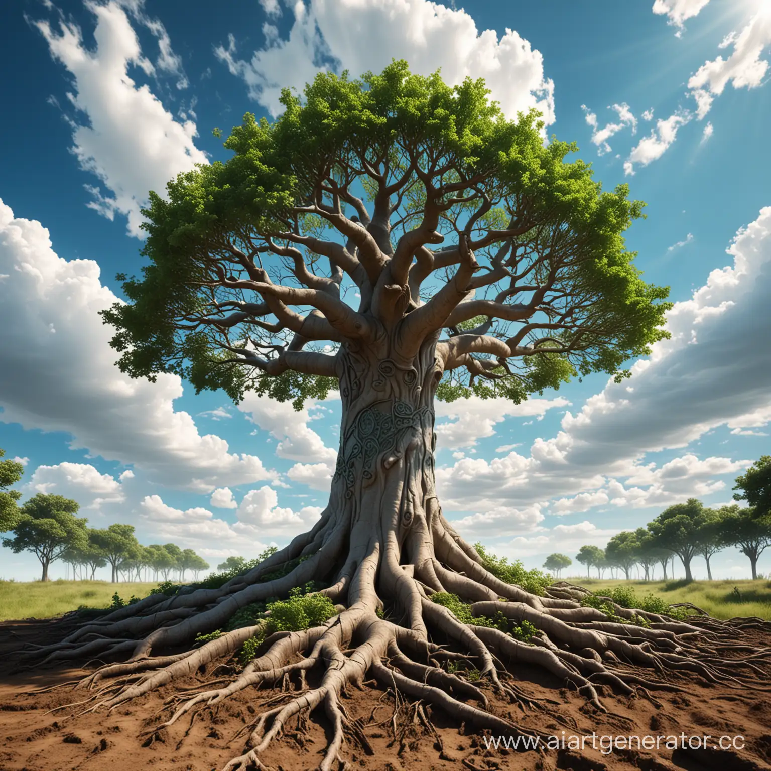 дерево жизни, большая крона с листьями полностью видна, , у дерева толстый ствол, фон голубое небо с облаками, корни уходят в землю с травой и футуристичным оформлением