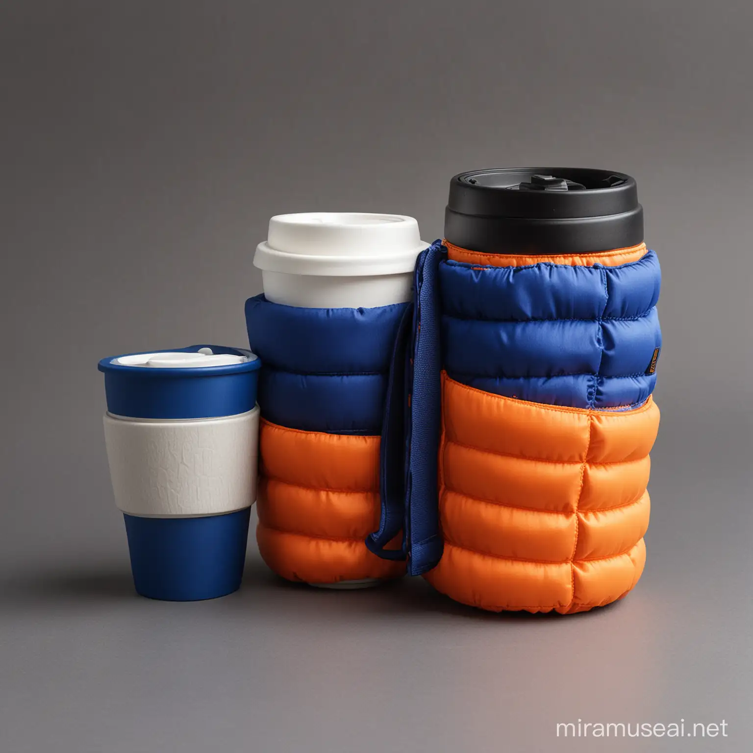 two coffee cups and carrier made of textile winter puffer
jacket cobalt blue and dark orange

