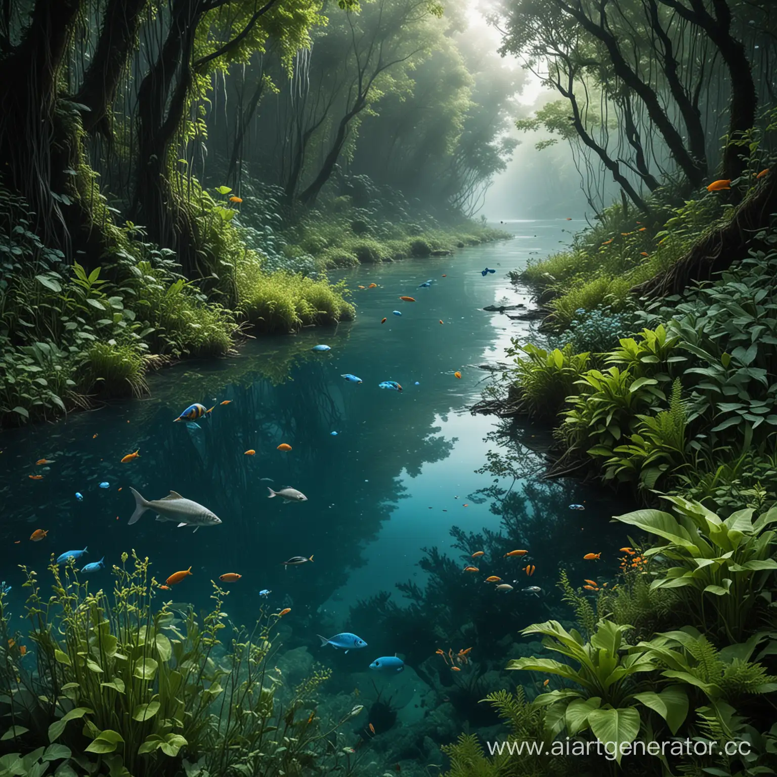 другой мир, где нет людей, только дикие животные и растения, непроходимые заросли и голубая река с рыбами необычными и растениями, животные тоже необычные 