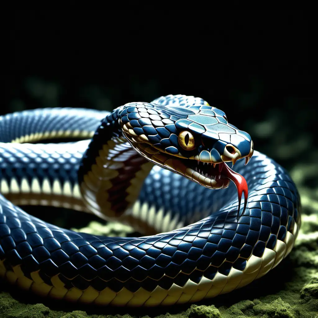 A highly detailed, three-dimensional image of a snake preparing to attack. The snake's forked tongue flickers through the air, sensing its surroundings, and the scales on its body glimmer in the reflected light. Its eyes are alert and focused, poised to strike with precision and speed. The snake's coil is tensed, perfectly illustrating the incredible power it packs. The backdrop is intentionally blurred, providing a spectacular focus on the snake and its impending action.
